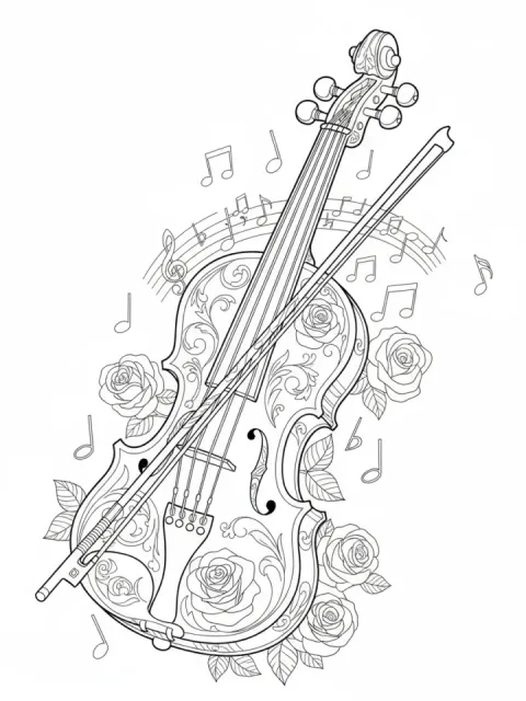 Violin with Roses and Sheet Music free online coloring page