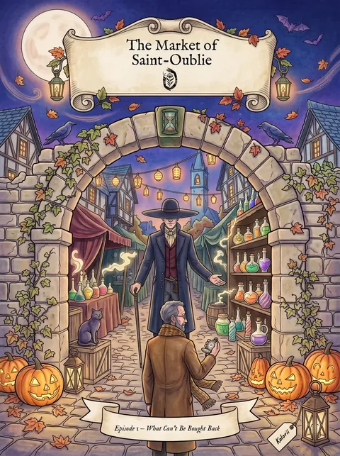 Cover of the coloring comic The Market of Saint-Oublie, in color.