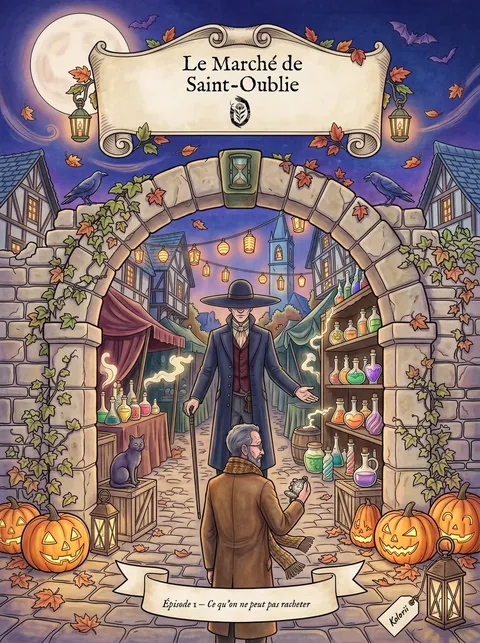 Couverture de la BD à colorier Le Marché de Saint-Oublie, en couleur.