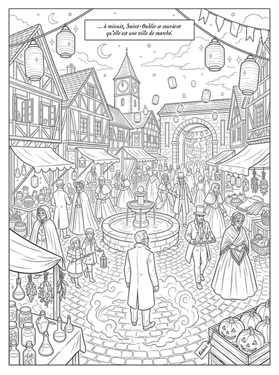 Planche 3 de la BD à colorier : à minuit, le marché apparaît.