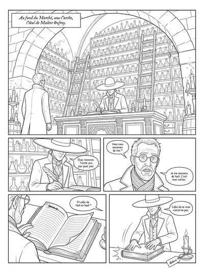 Planche 6 de la BD à colorier : l’étal de Maître Onfroy.
