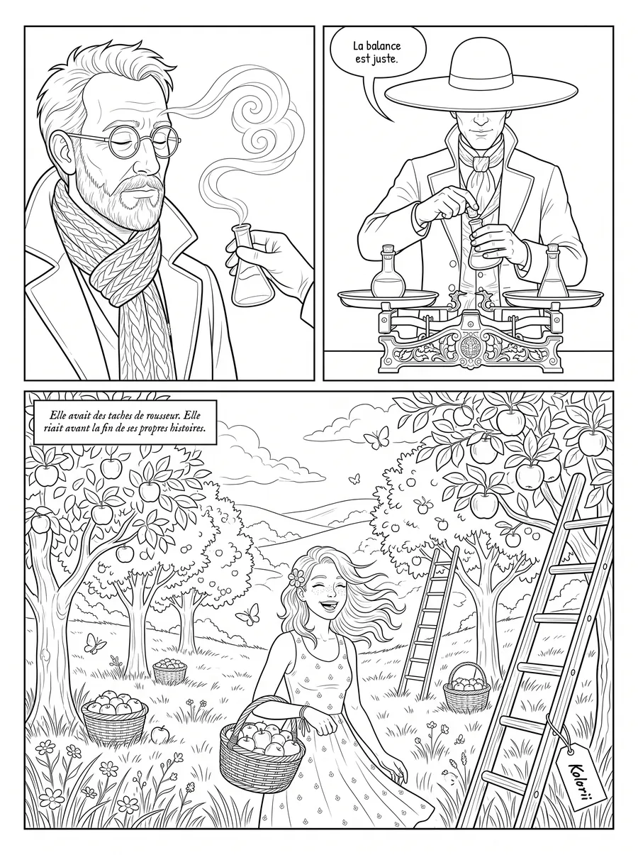 Planche 10 de la BD à colorier : l’échange, puis le verger d’été où Lise apparaît.