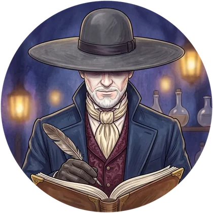 Maître Onfroy, le bord de son chapeau cache ses yeux, plume au-dessus de son registre.