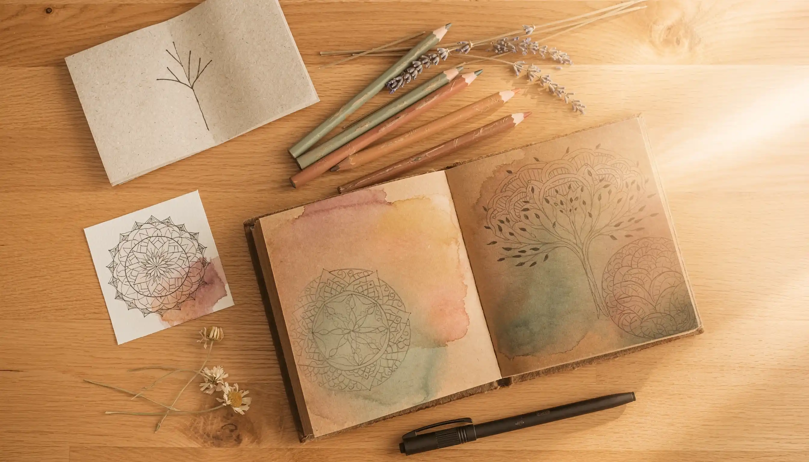 Exercices d'art-thérapie pour adultes avec carnet créatif et crayons de couleur sur une table en bois