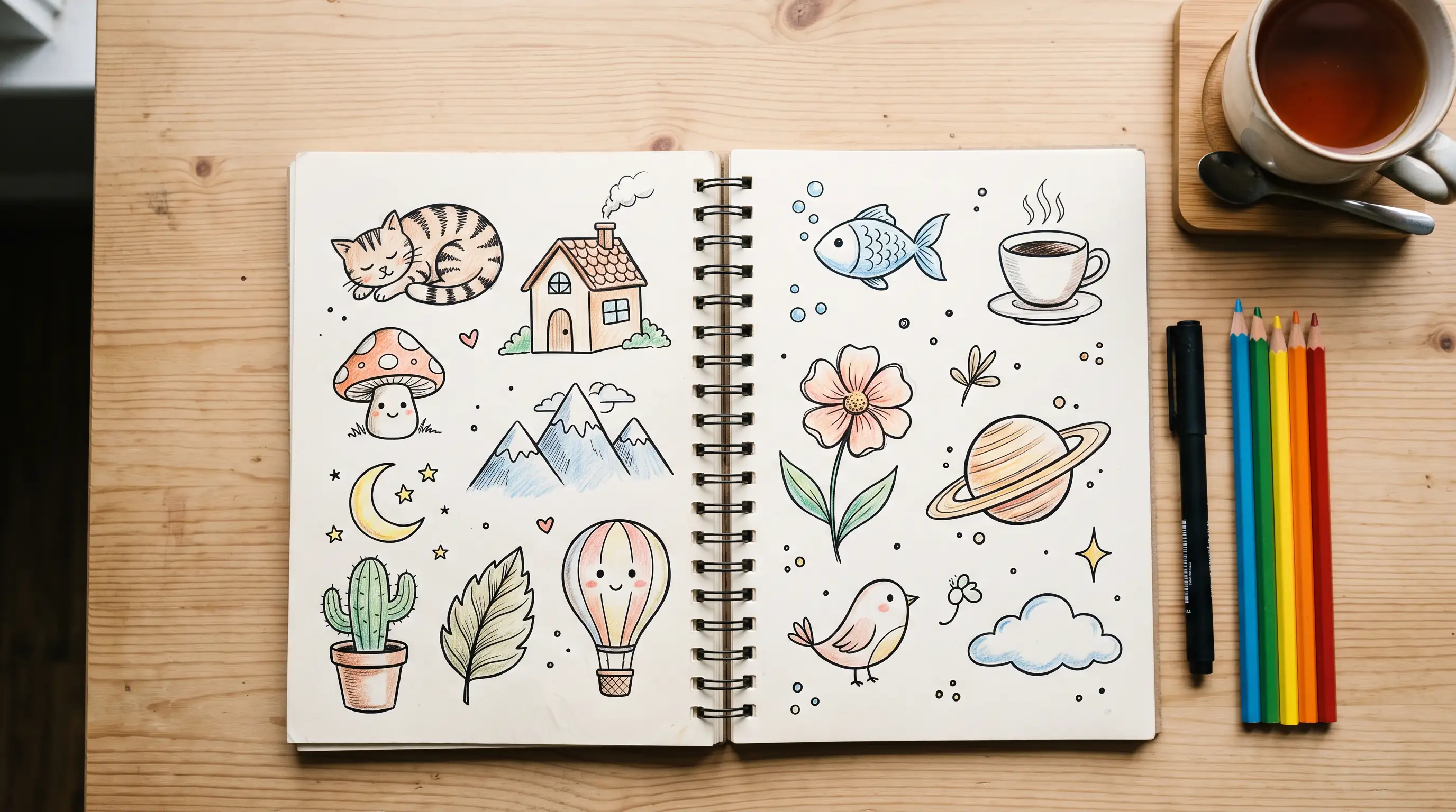 Carnet de croquis ouvert sur une table en bois, rempli de petits dessins coloriés aux crayons de couleur : un chat endormi, une maison, un champignon, des montagnes, un poisson, une tasse, une fleur, une planète, une montgolfière et un cactus, à côté d'un feutre noir, de crayons de couleur et d'une tasse de thé