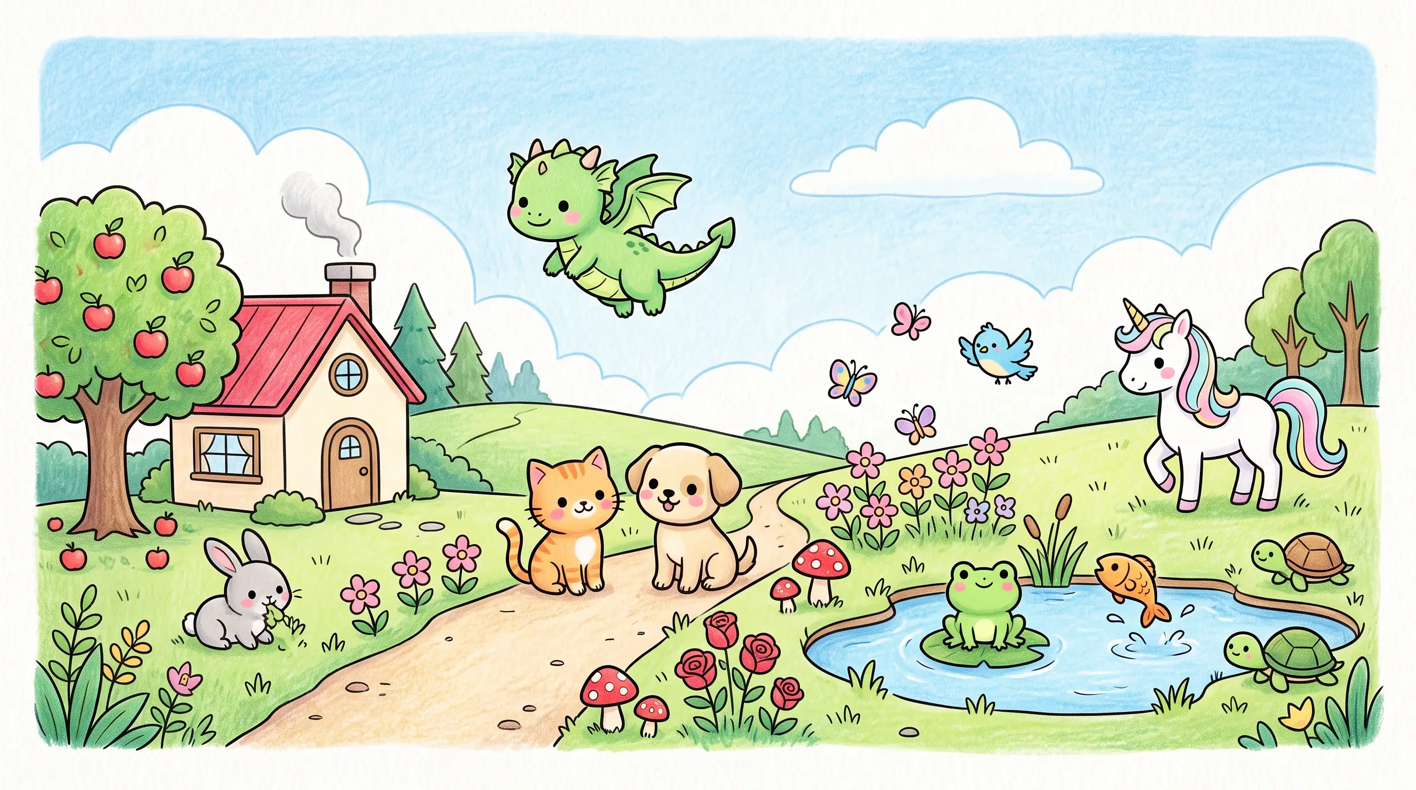 Paysage dessiné dans un style mignon et colorié aux crayons de couleur : une maison au toit rouge et un pommier, un chat et un chiot sur le chemin, un lapin, une grenouille sur un nénuphar, un poisson, des tortues, des fleurs, des roses, des champignons, des papillons, un oiseau, une licorne et un bébé dragon qui vole