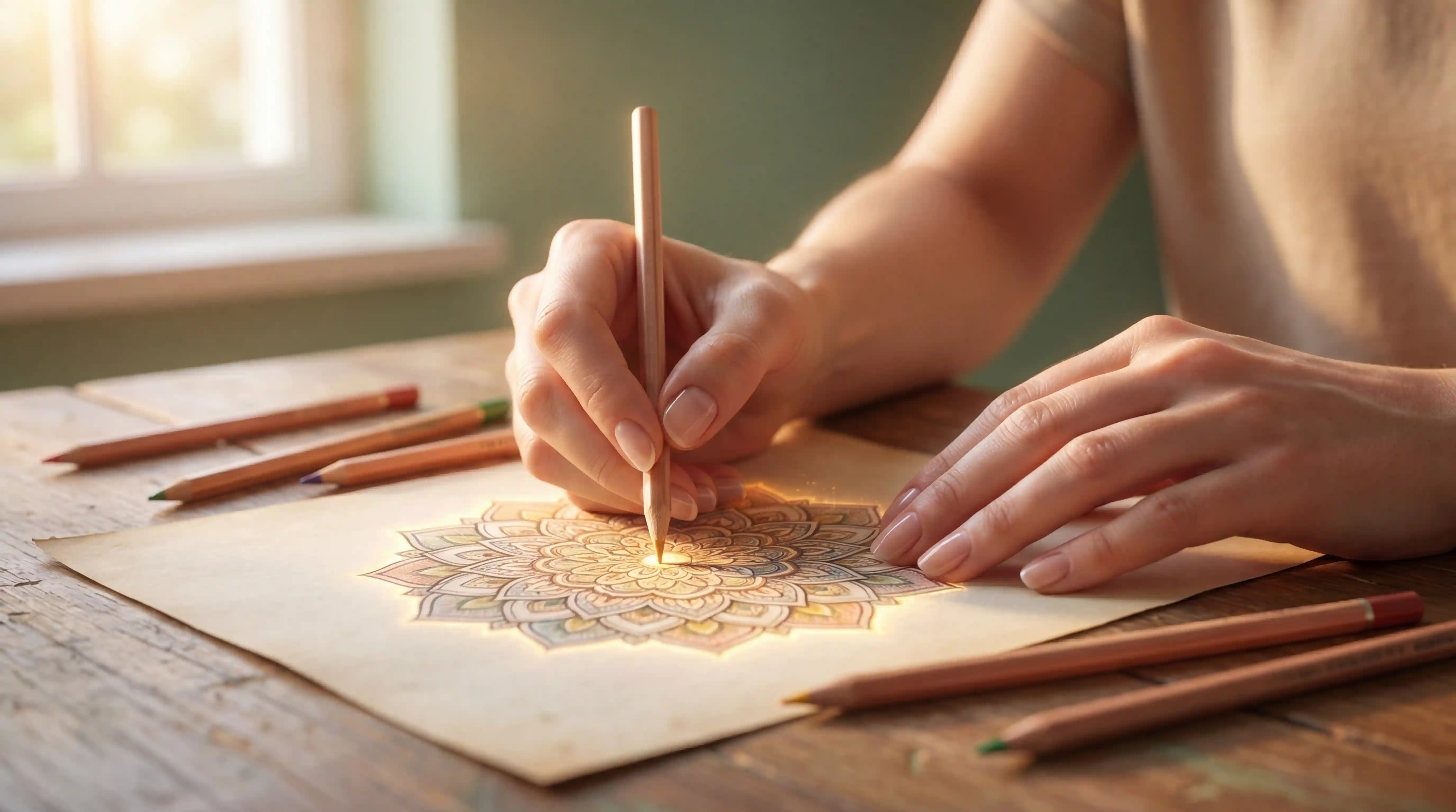 Mains coloriant un mandala anti-stress avec des crayons de couleur dans une ambiance zen et apaisante