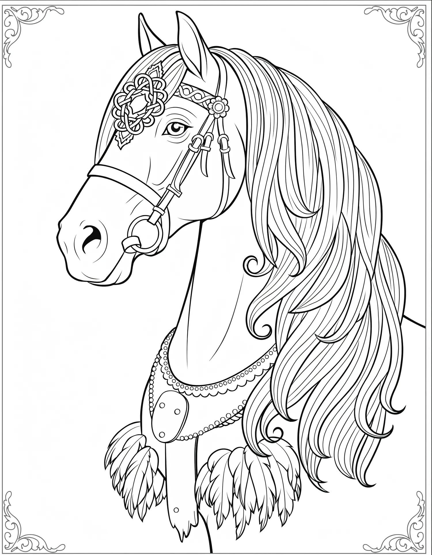Cheval Frison Majestueux - Coloriage animal à imprimer gratuitement