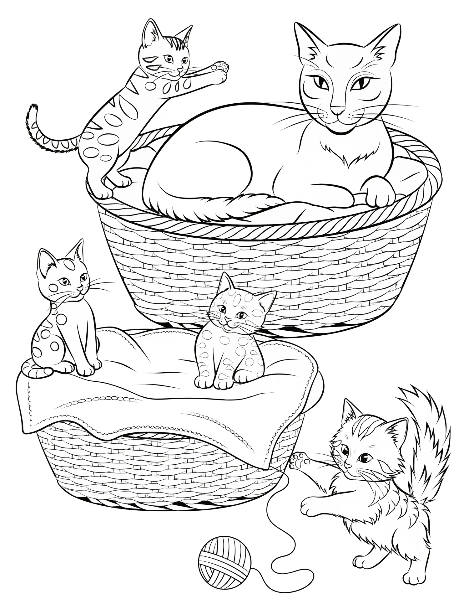 Famille de Chatons Détaillée - Coloriage animal à imprimer gratuitement