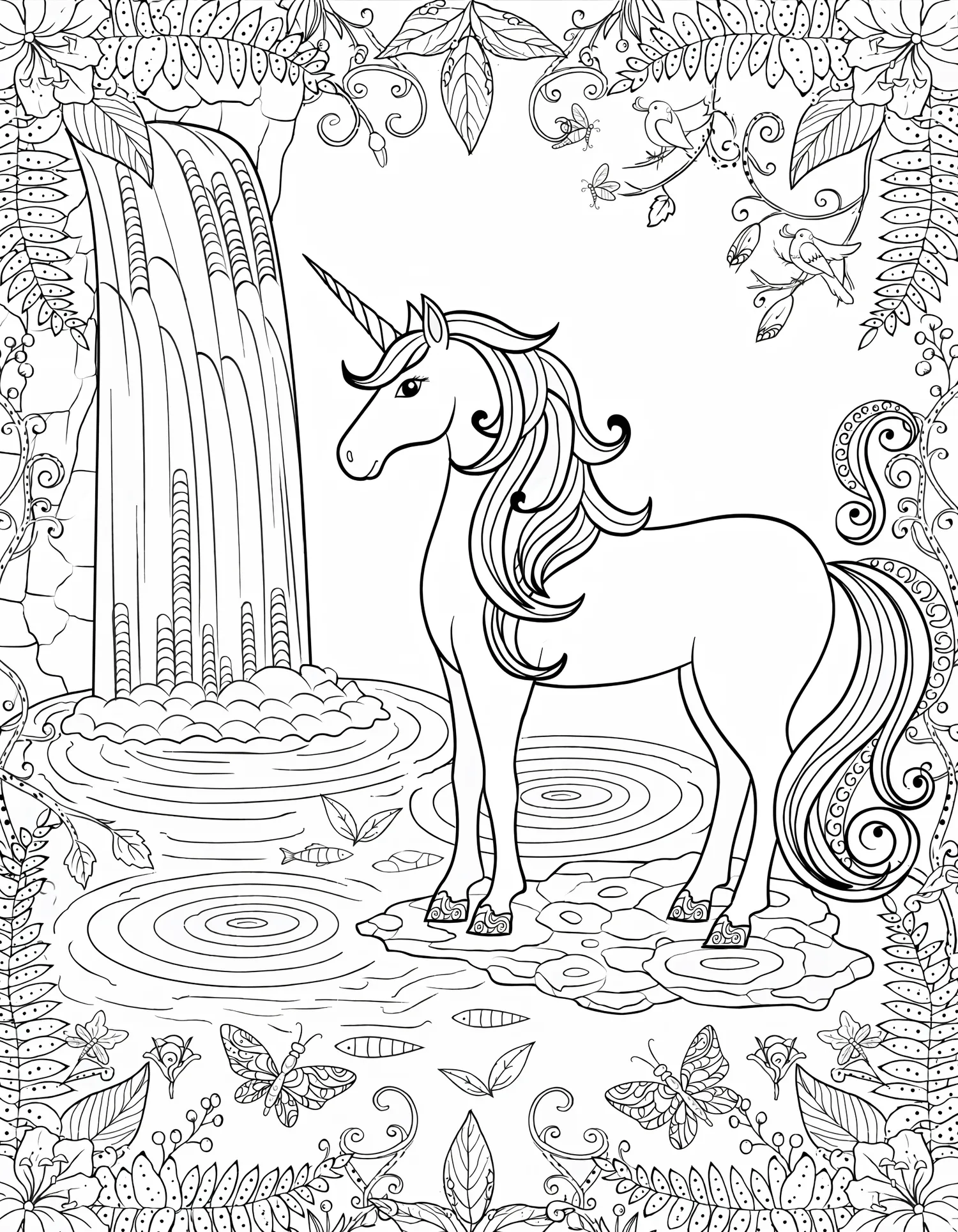 Licorne et Cascades Féeriques - Coloriage animal à imprimer gratuitement