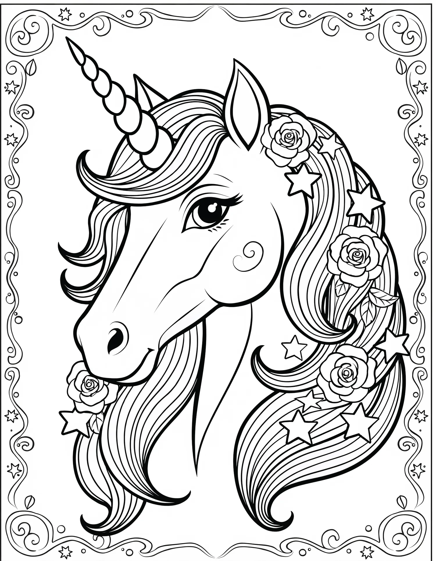 Licorne Portrait Orné - Coloriage animal à imprimer gratuitement
