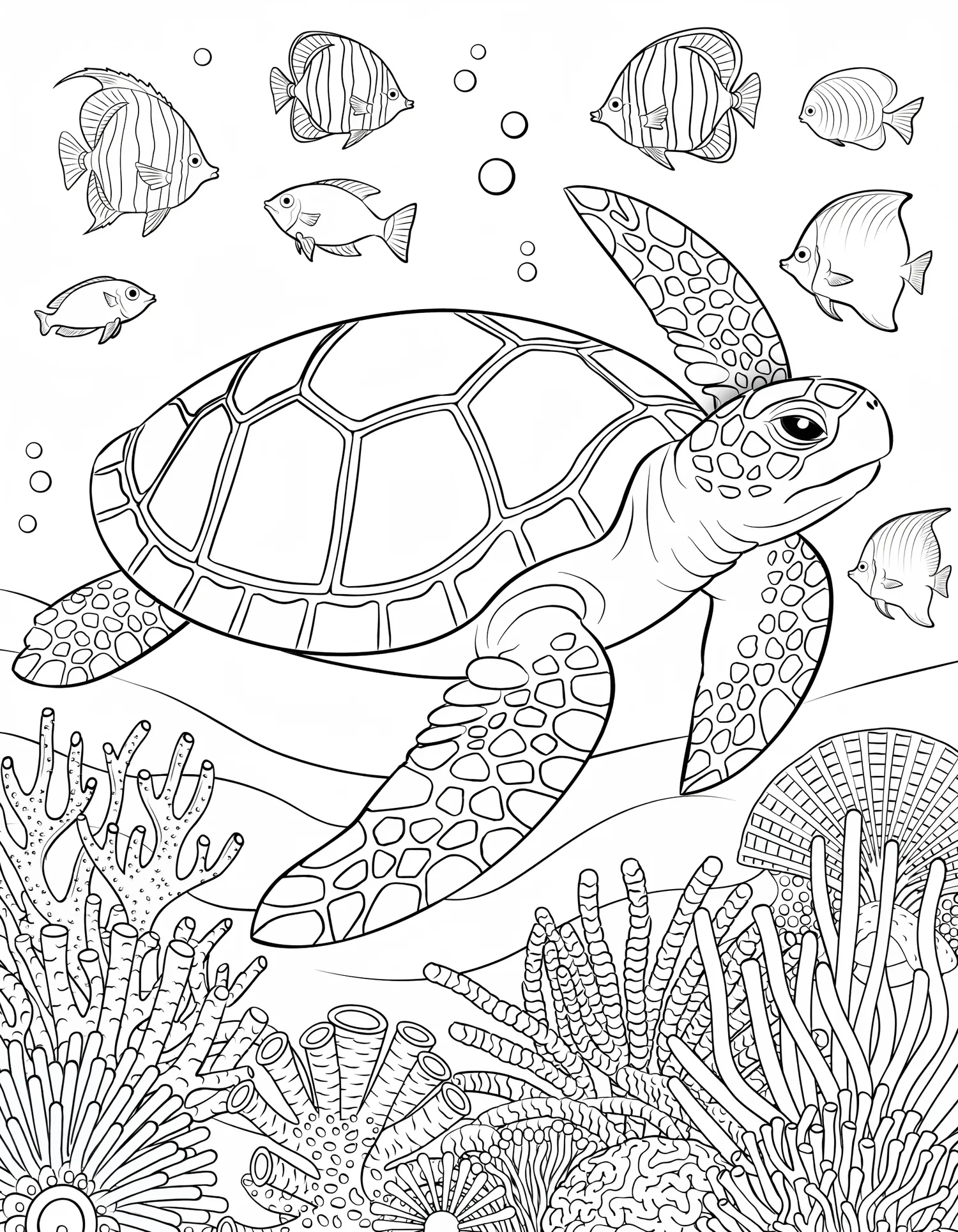 Tortue de Mer et Récif Corallien - Coloriage animal à imprimer gratuitement