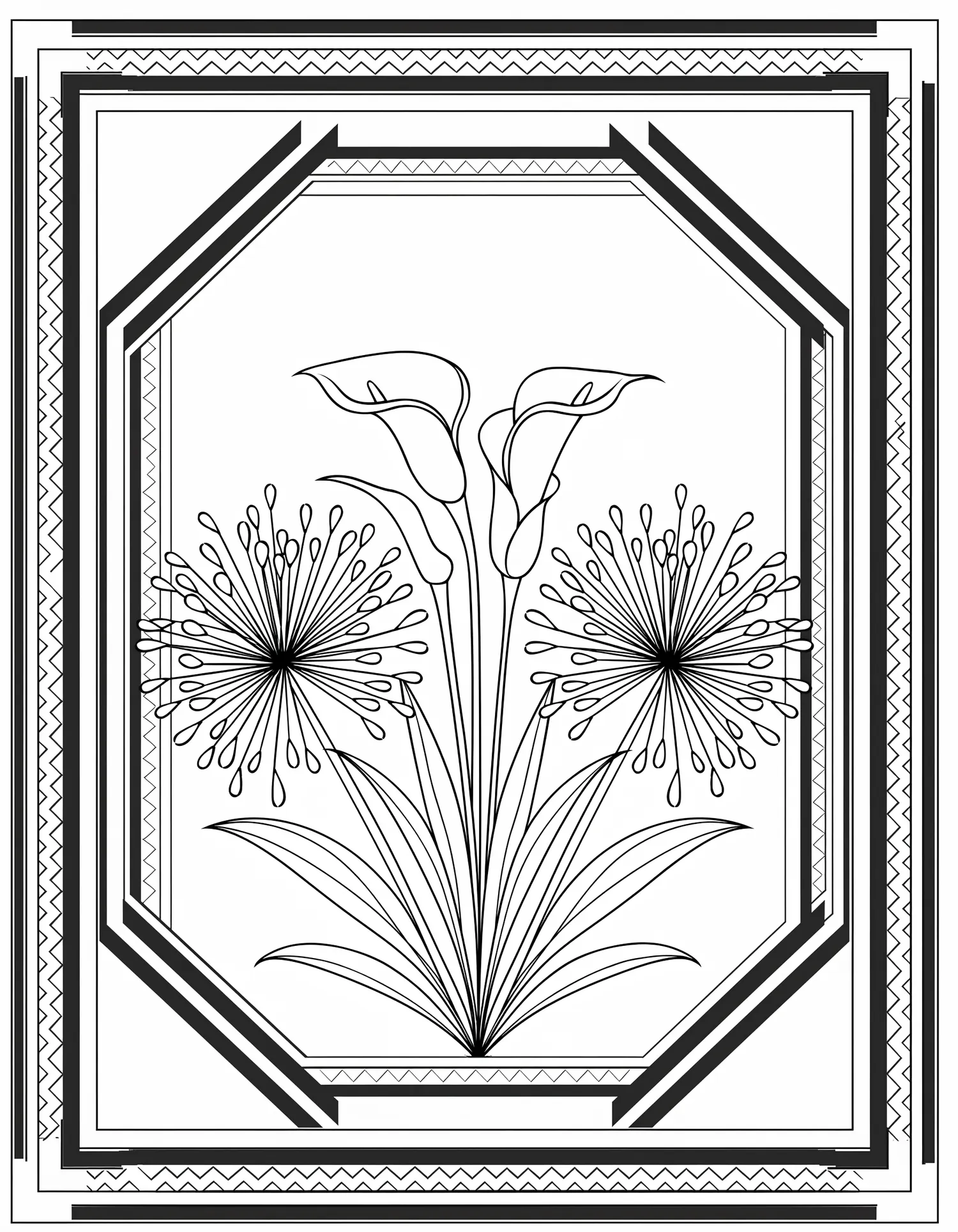 Composition Florale Art Déco Géométrique — Coloriage fleur à imprimer gratuitement