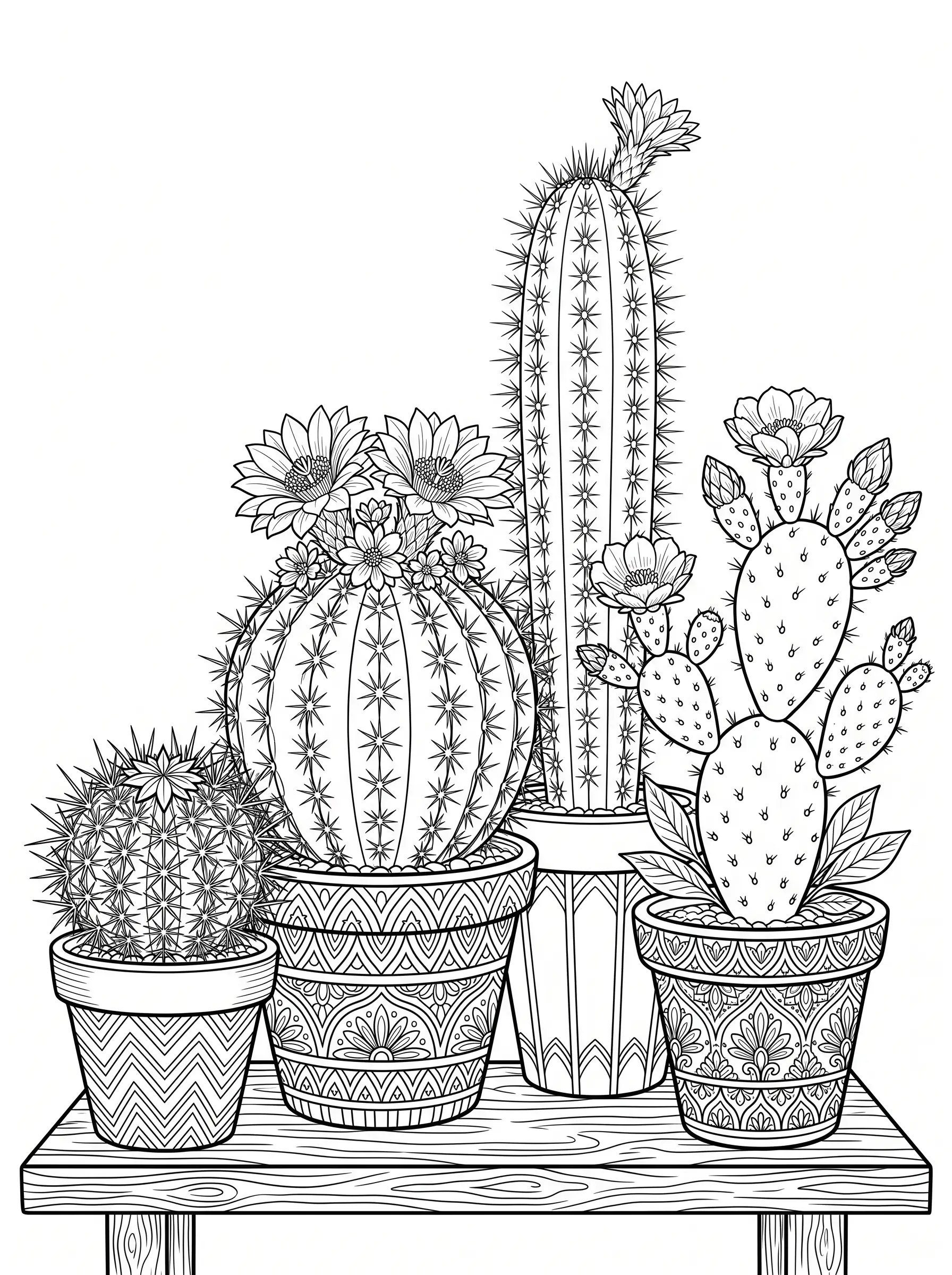 Cactus en Fleurs en Pots de Terre Cuite — Coloriage fleur à imprimer gratuitement
