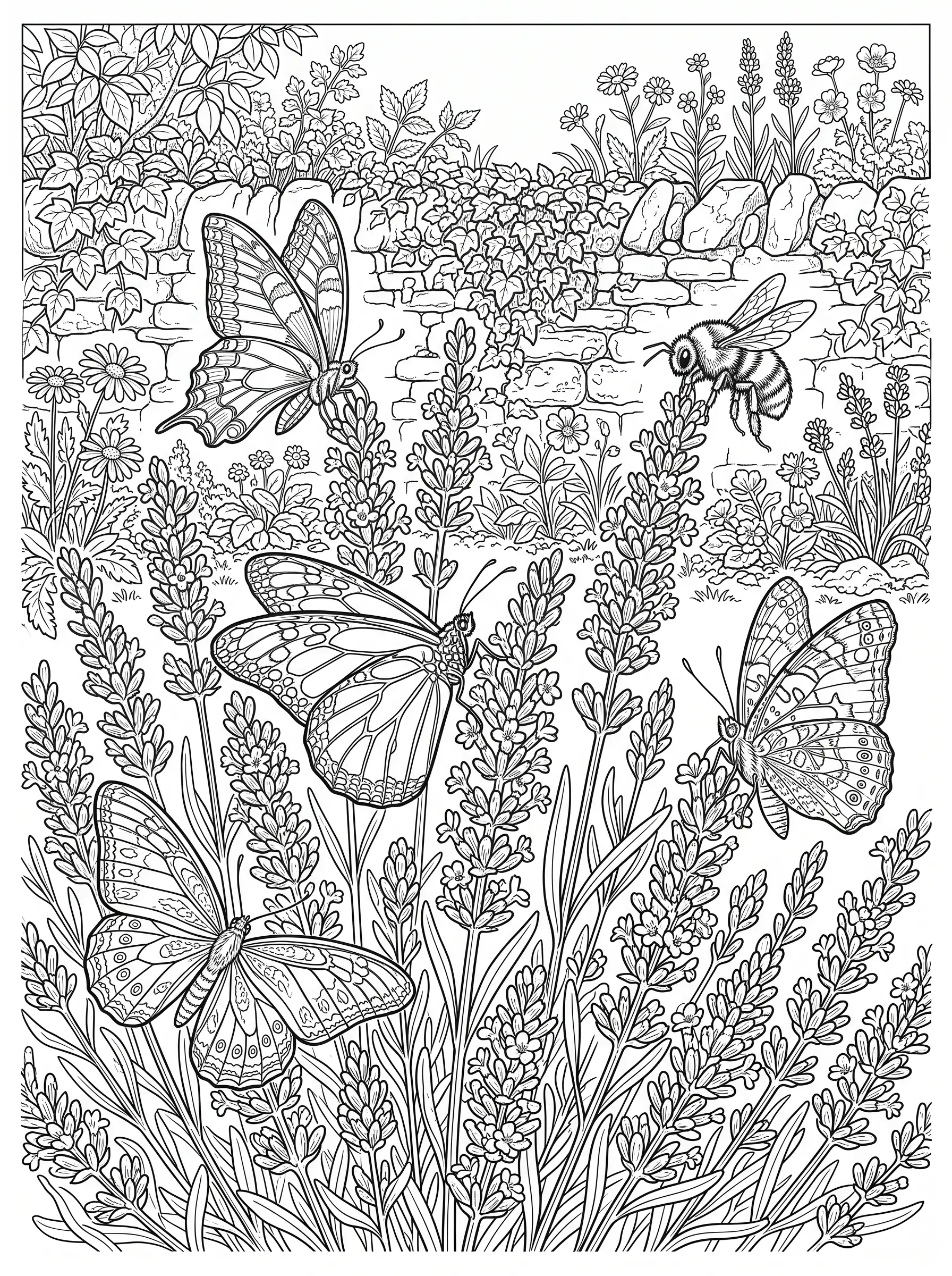 Papillons sur la Lavande — Coloriage fleur à imprimer gratuitement