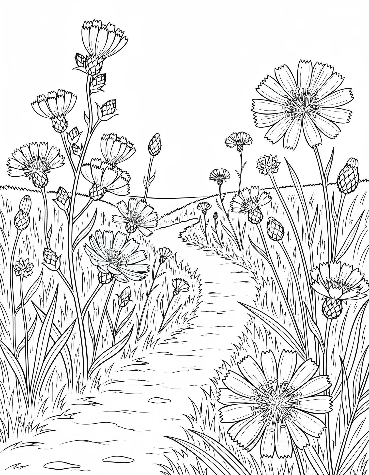 Chicorée et Bleuets en Bordure — Coloriage fleur à imprimer gratuitement