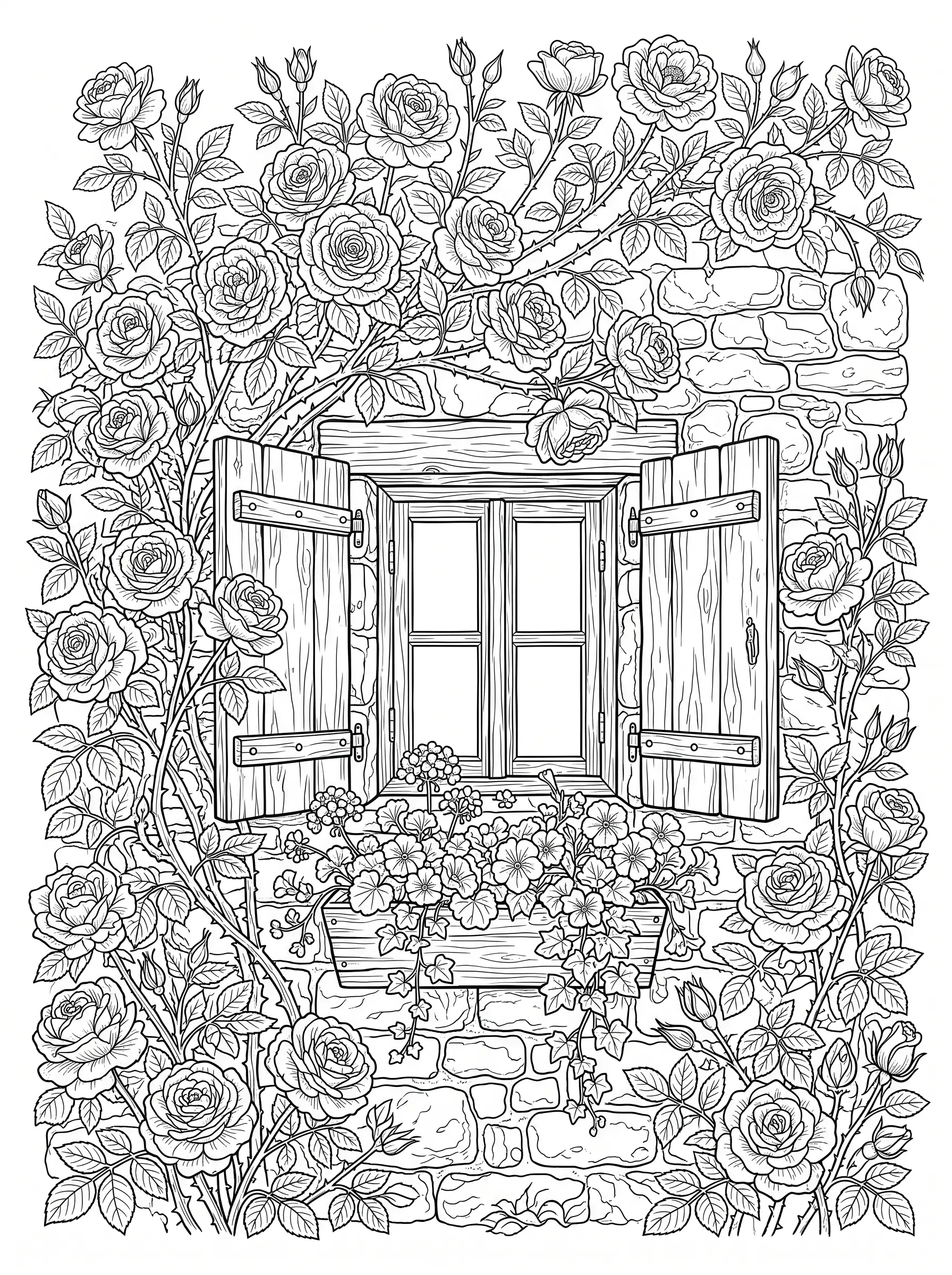 Rosier Grimpant autour d'une Fenêtre — Coloriage fleur à imprimer gratuitement