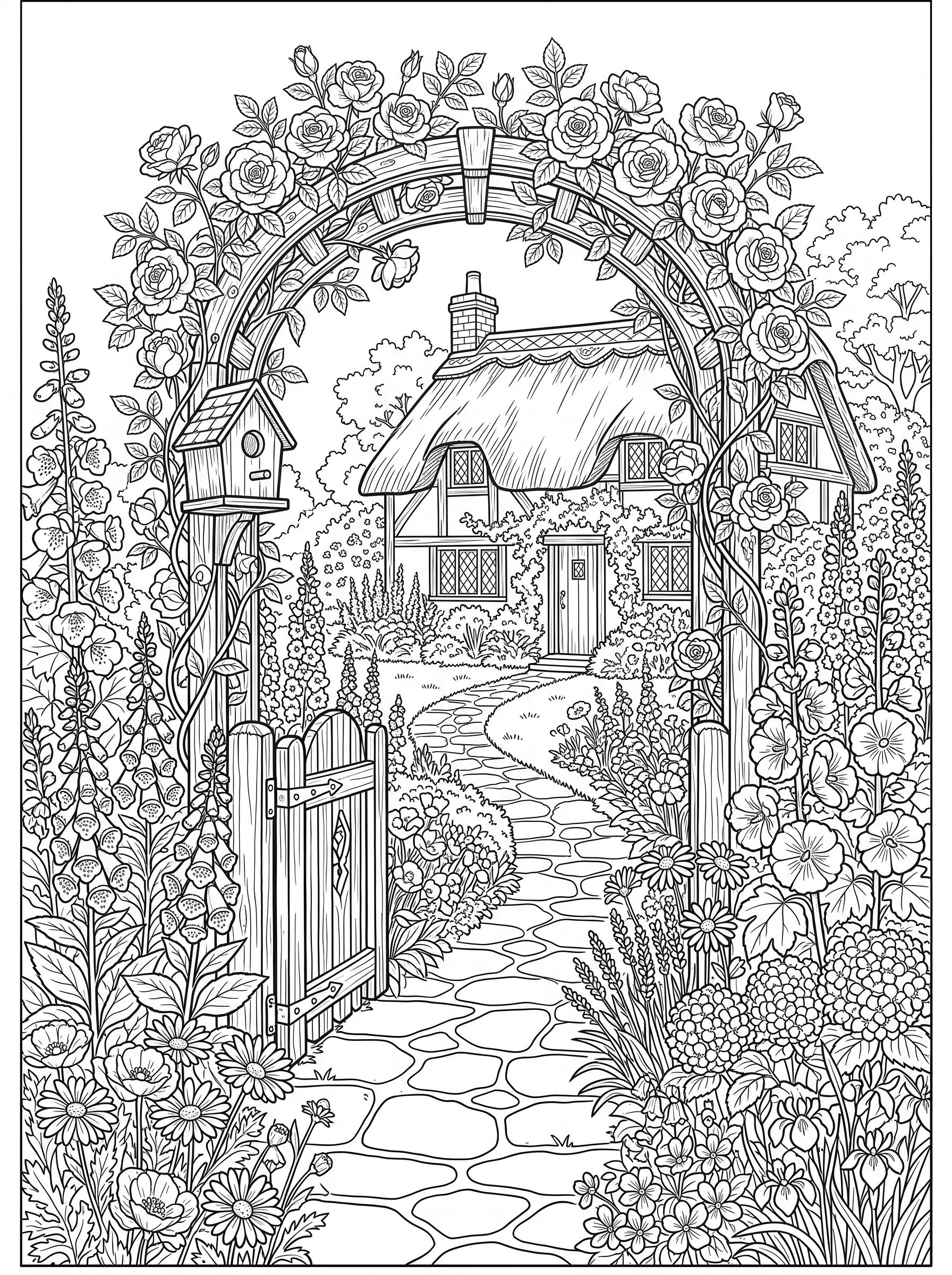 Jardin de Cottage et Arche de Roses — Coloriage fleur à imprimer gratuitement