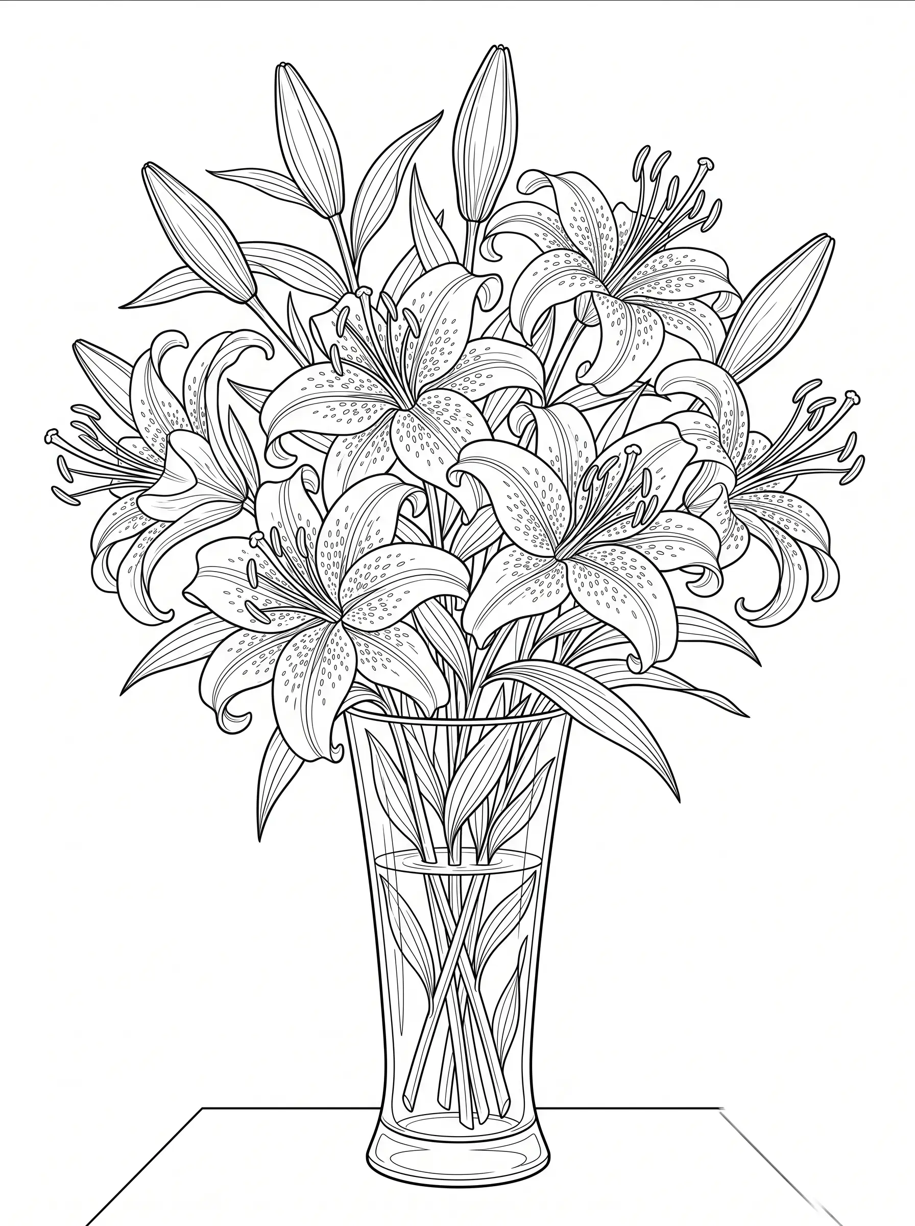 Bouquet de Lys en Vase de Verre — Coloriage fleur à imprimer gratuitement