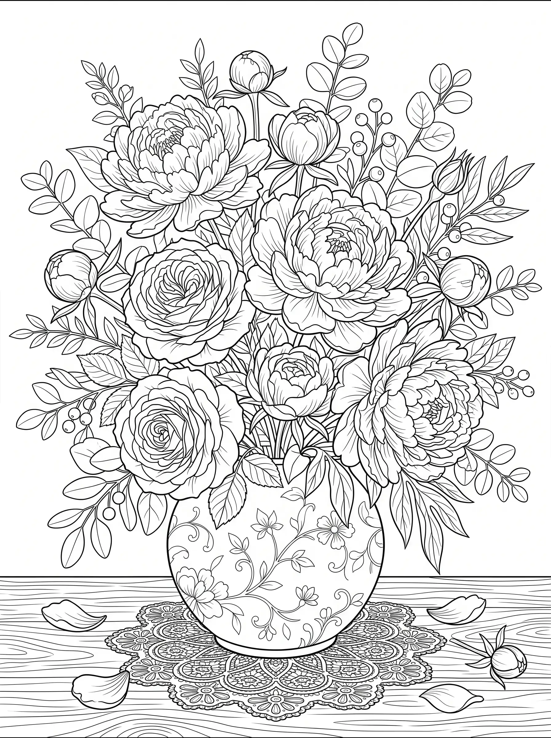 Pivoines et Roses en Vase de Porcelaine — Coloriage fleur à imprimer gratuitement