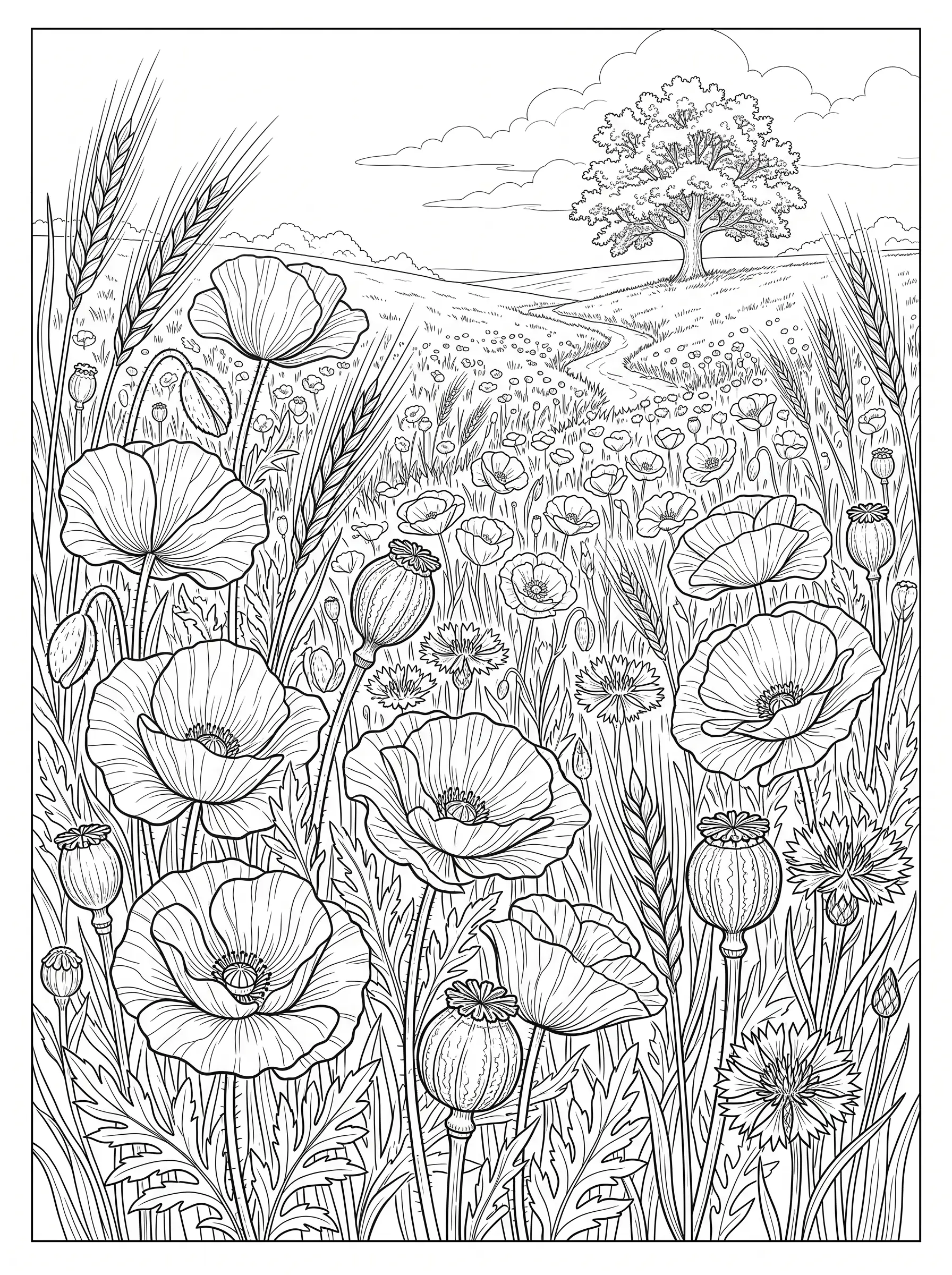 Champ de Coquelicots — Coloriage fleur à imprimer gratuitement
