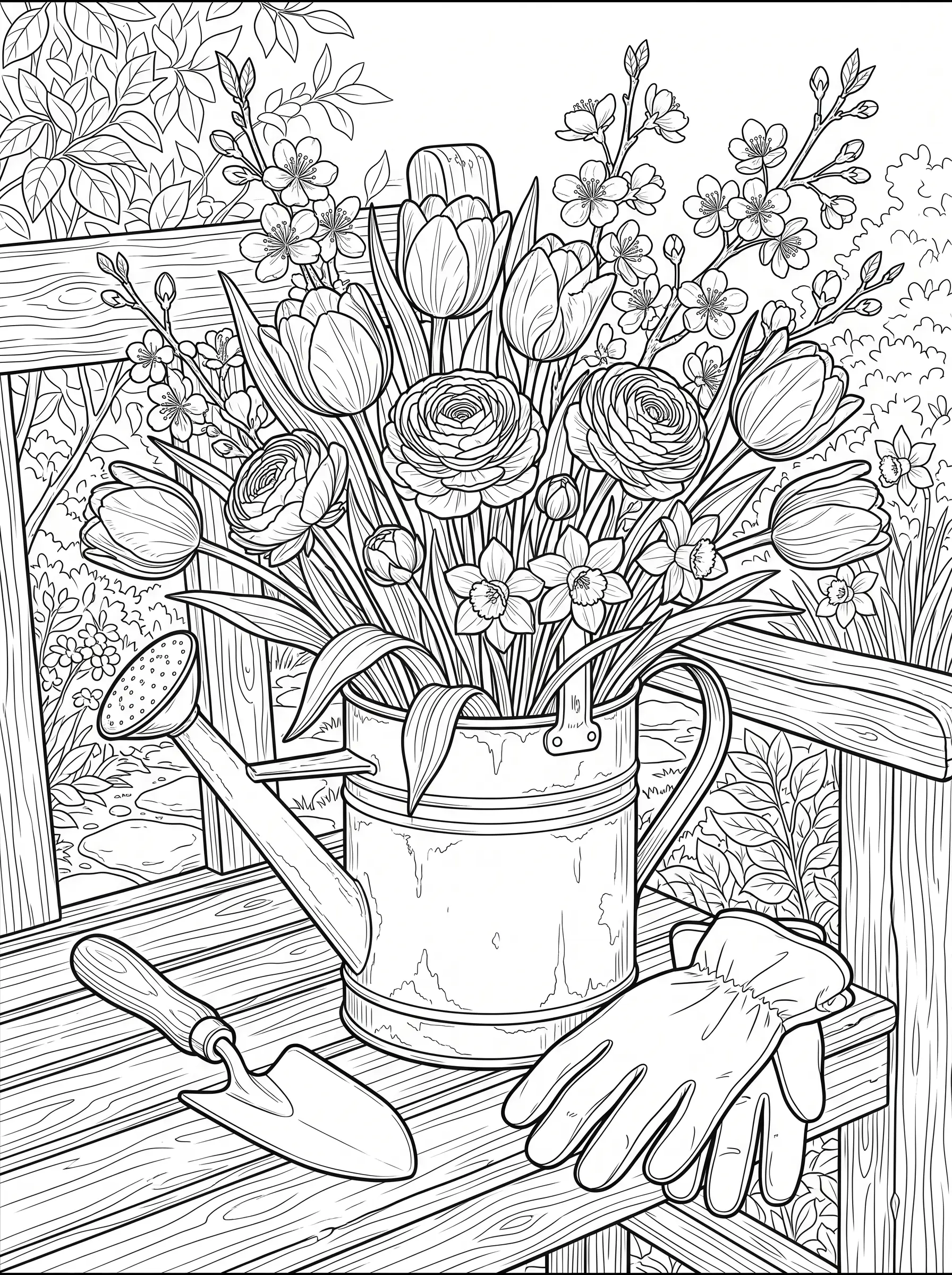 Bouquet de Printemps dans un Arrosoir — Coloriage fleur à imprimer gratuitement