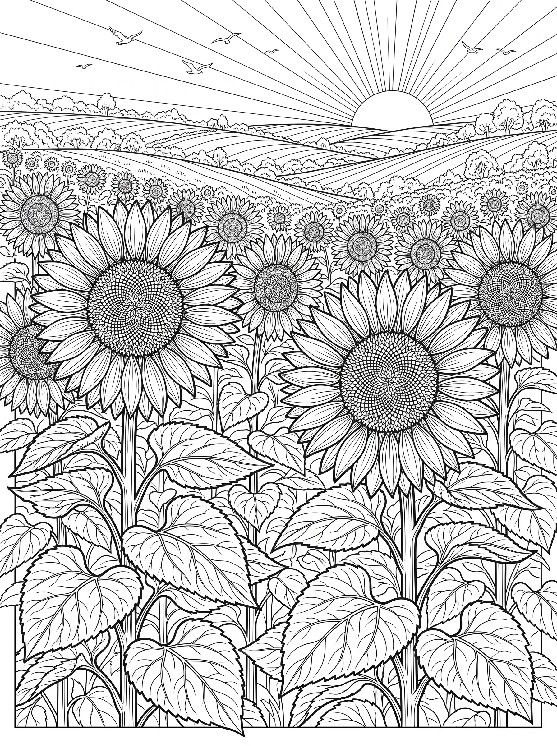 Champ de Tournesols au Coucher du Soleil — Coloriage fleur à imprimer gratuitement