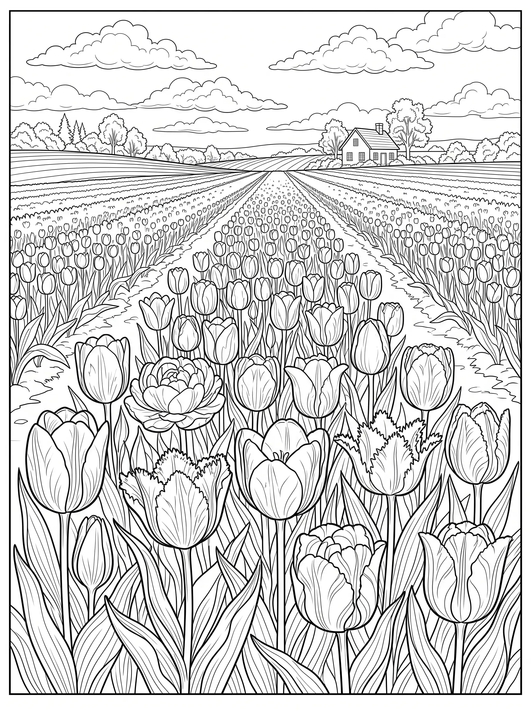 Champ de Tulipes au Printemps — Coloriage fleur à imprimer gratuitement