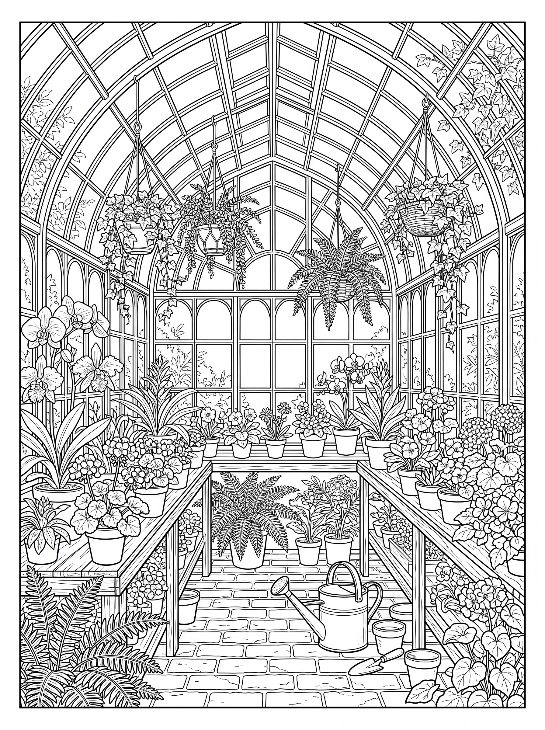 Serre Ancienne Remplie de Fleurs — Coloriage fleur à imprimer gratuitement