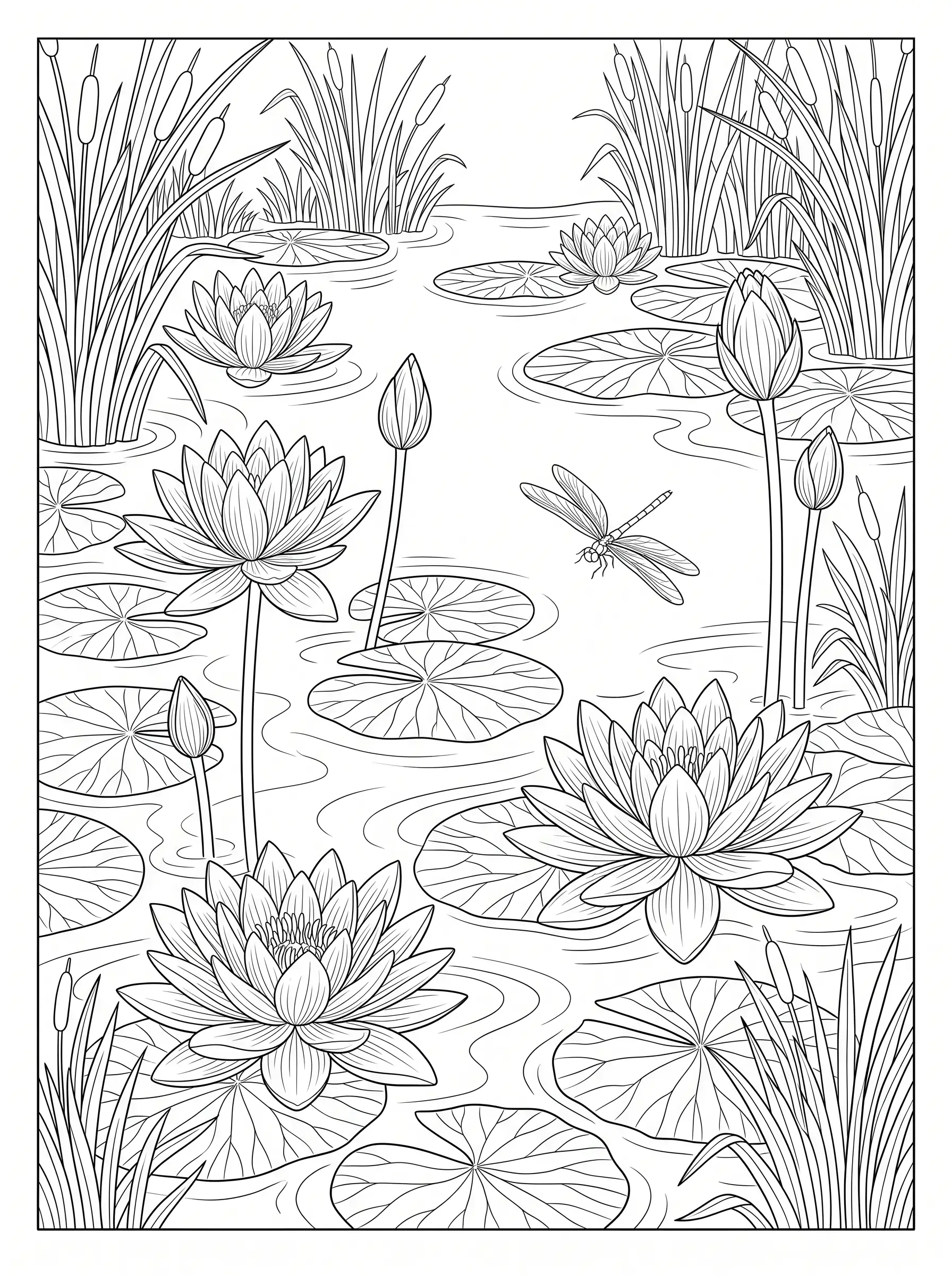 Étang aux Nénuphars et Lotus — Coloriage fleur à imprimer gratuitement