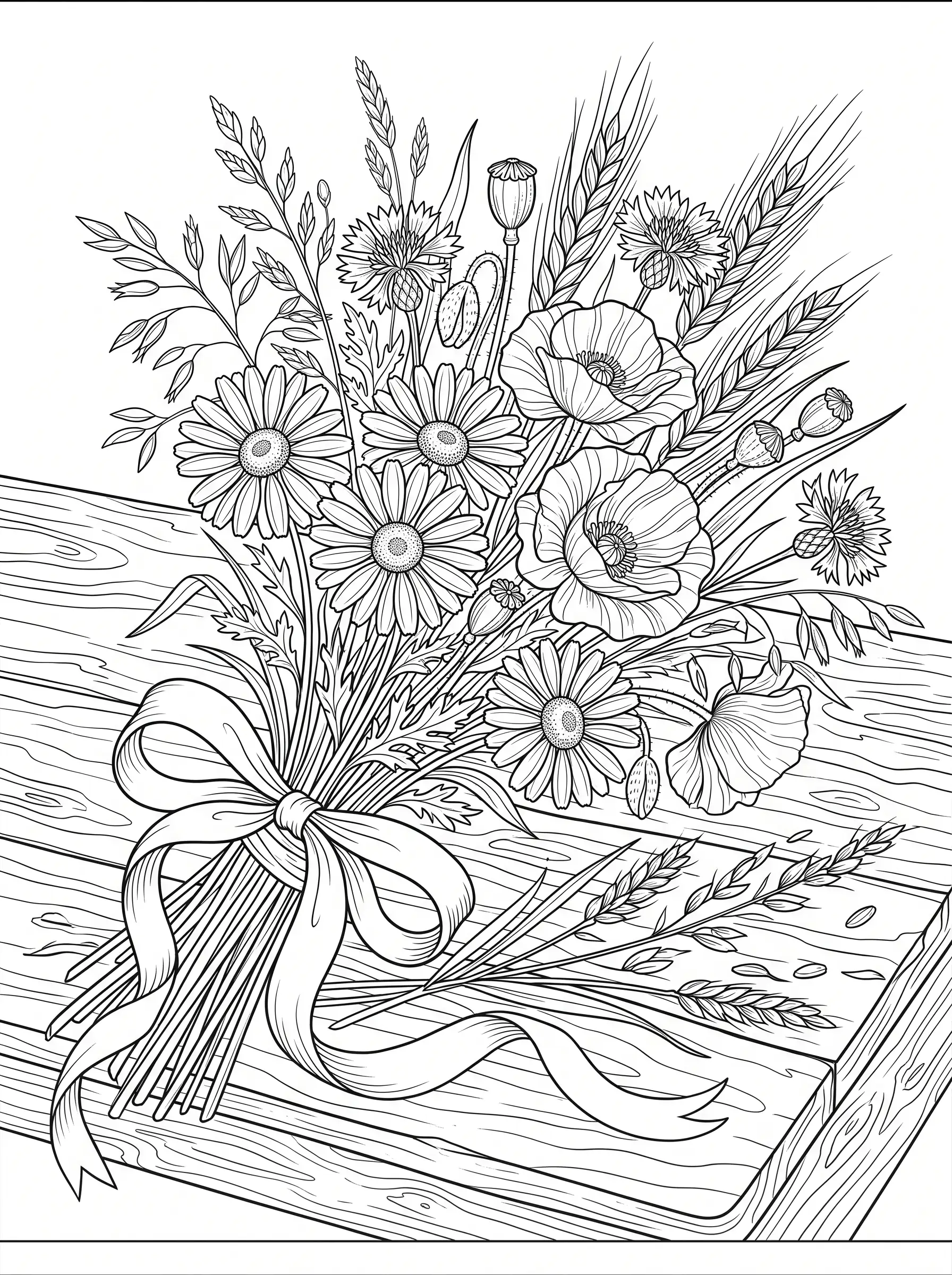 Bouquet Champêtre Noué d'un Ruban — Coloriage fleur à imprimer gratuitement