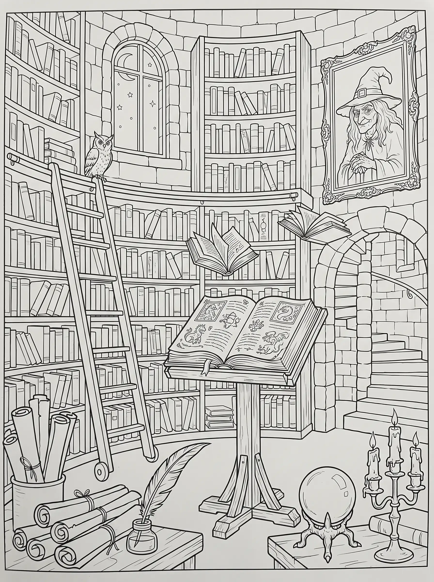 Bibliothèque de Tour de Sorcière, Coloriage Halloween à imprimer gratuitement