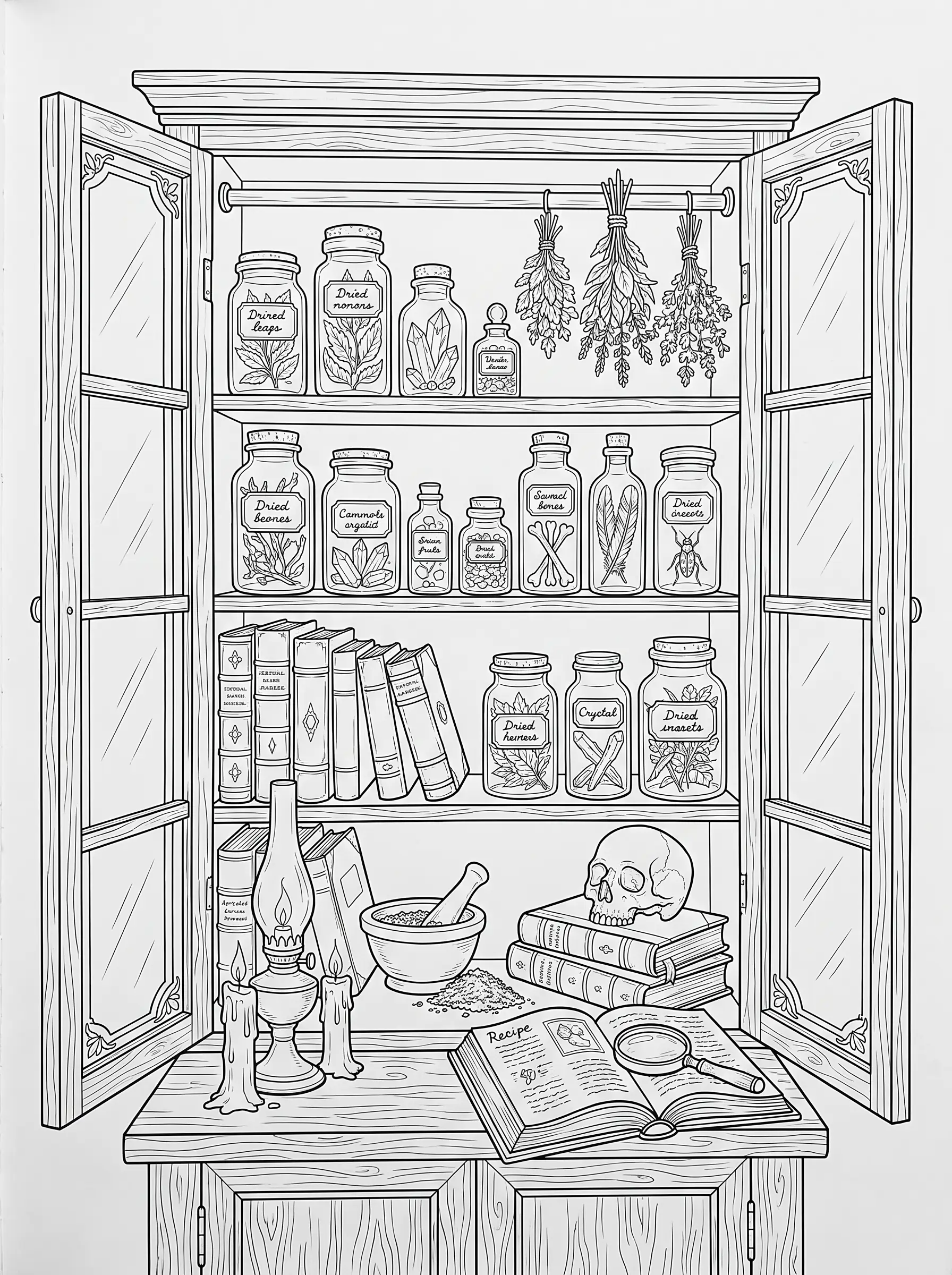 Cabinet d'Apothicaire de Sorcière, Coloriage Halloween à imprimer gratuitement