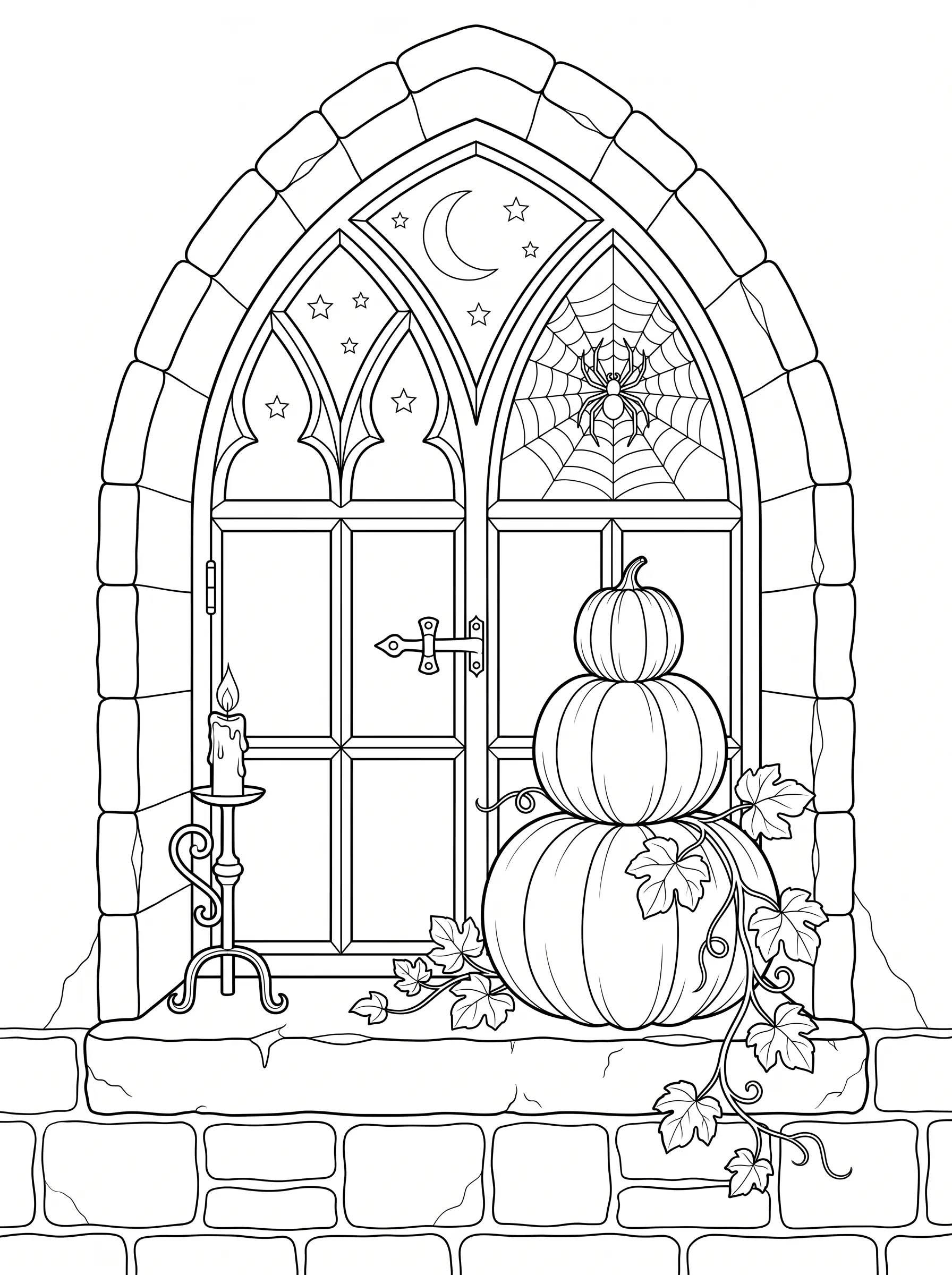 Citrouilles Empilées sur Rebord de Fenêtre Gothique, Coloriage Halloween à imprimer gratuitement