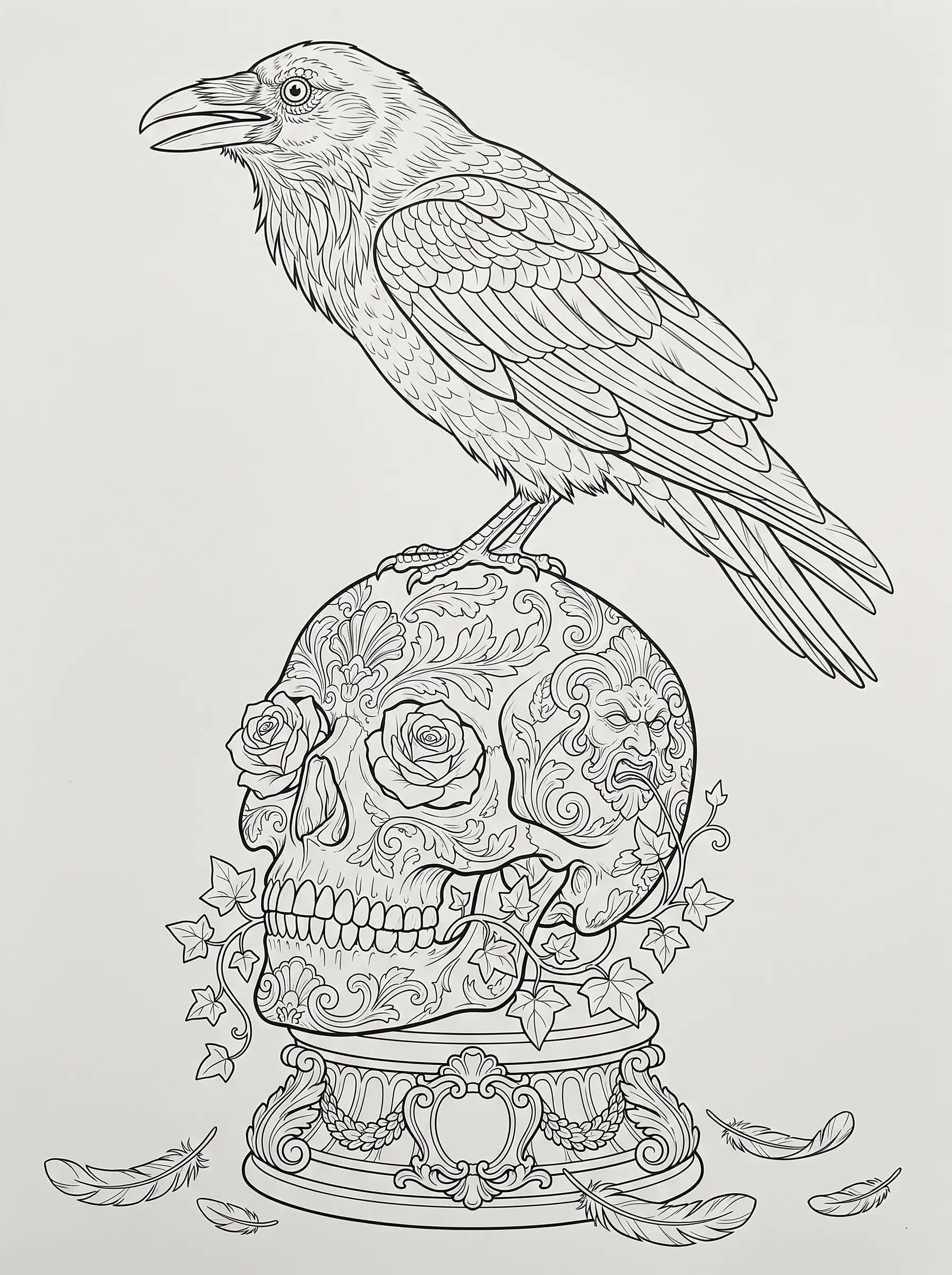 Corbeau sur Crâne, Coloriage Halloween à imprimer gratuitement