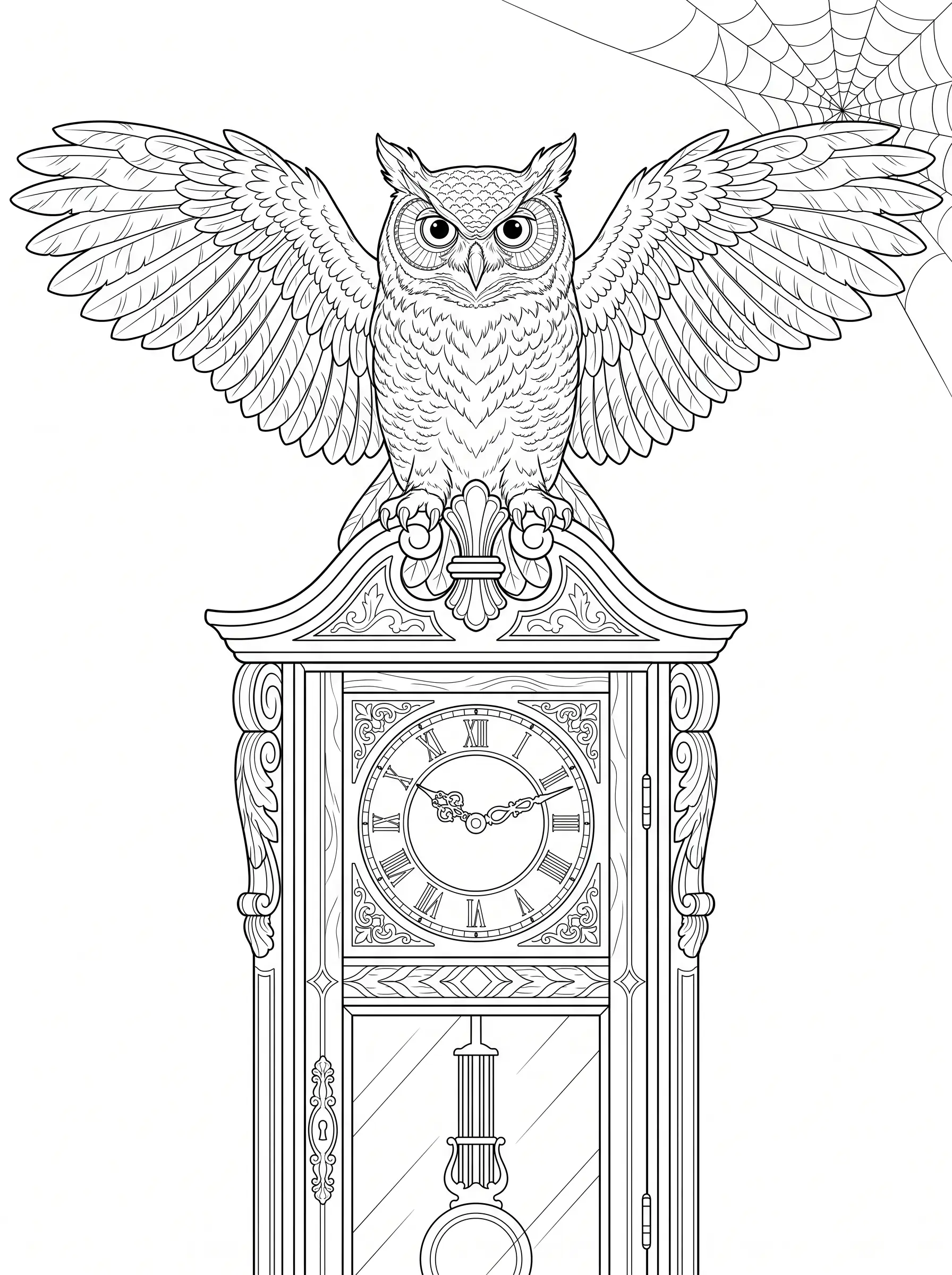 Grand-Duc sur une Horloge Ancienne Ornée, Coloriage Halloween à imprimer gratuitement