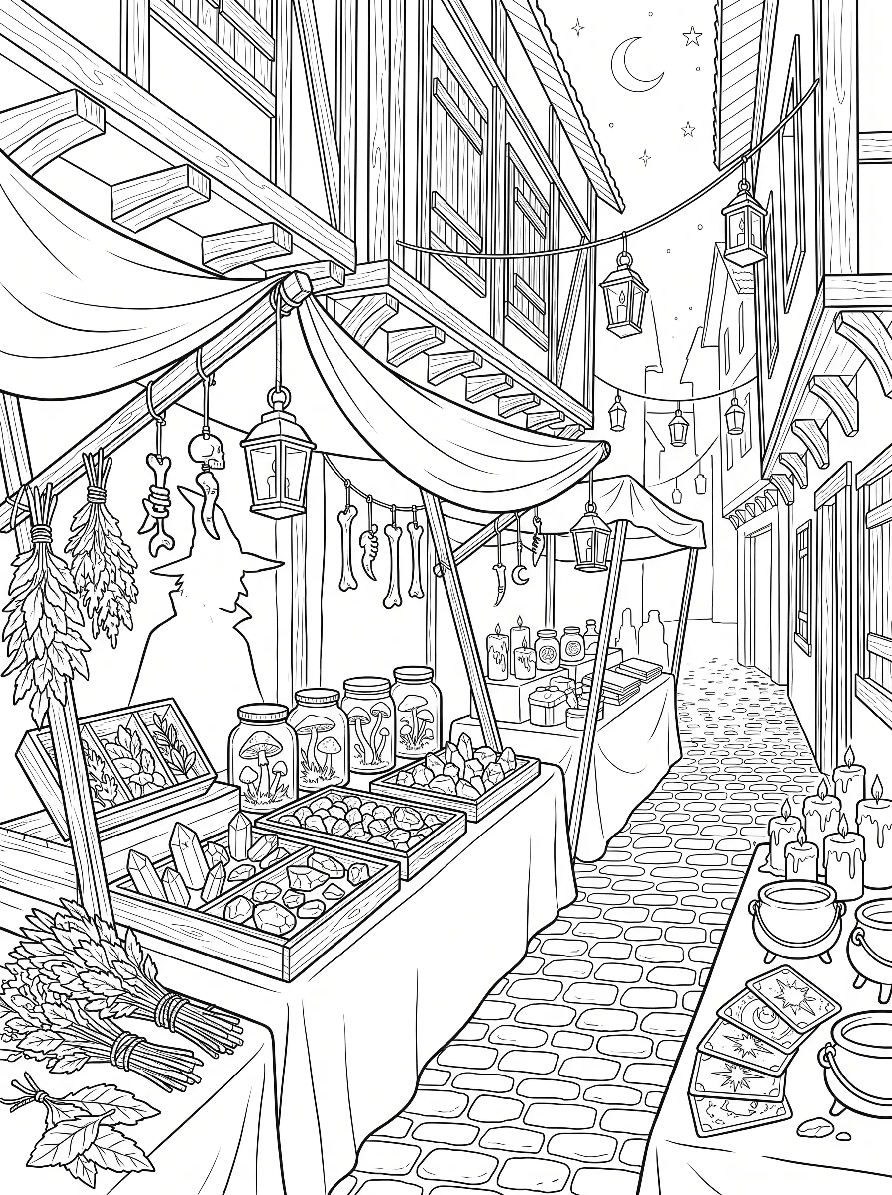 Marché de Nuit aux Herbes Magiques, Coloriage Halloween à imprimer gratuitement