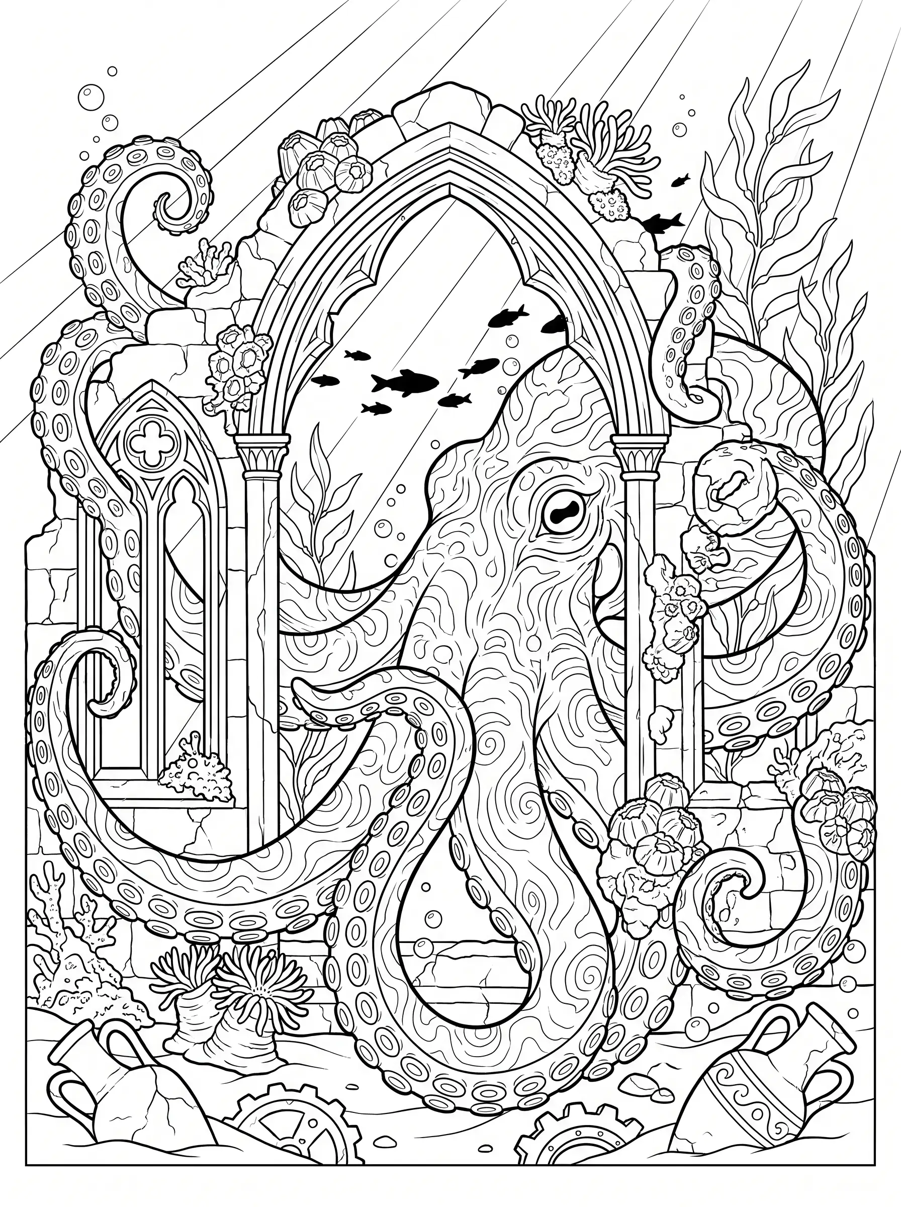Pieuvre Gothique, Coloriage Halloween à imprimer gratuitement