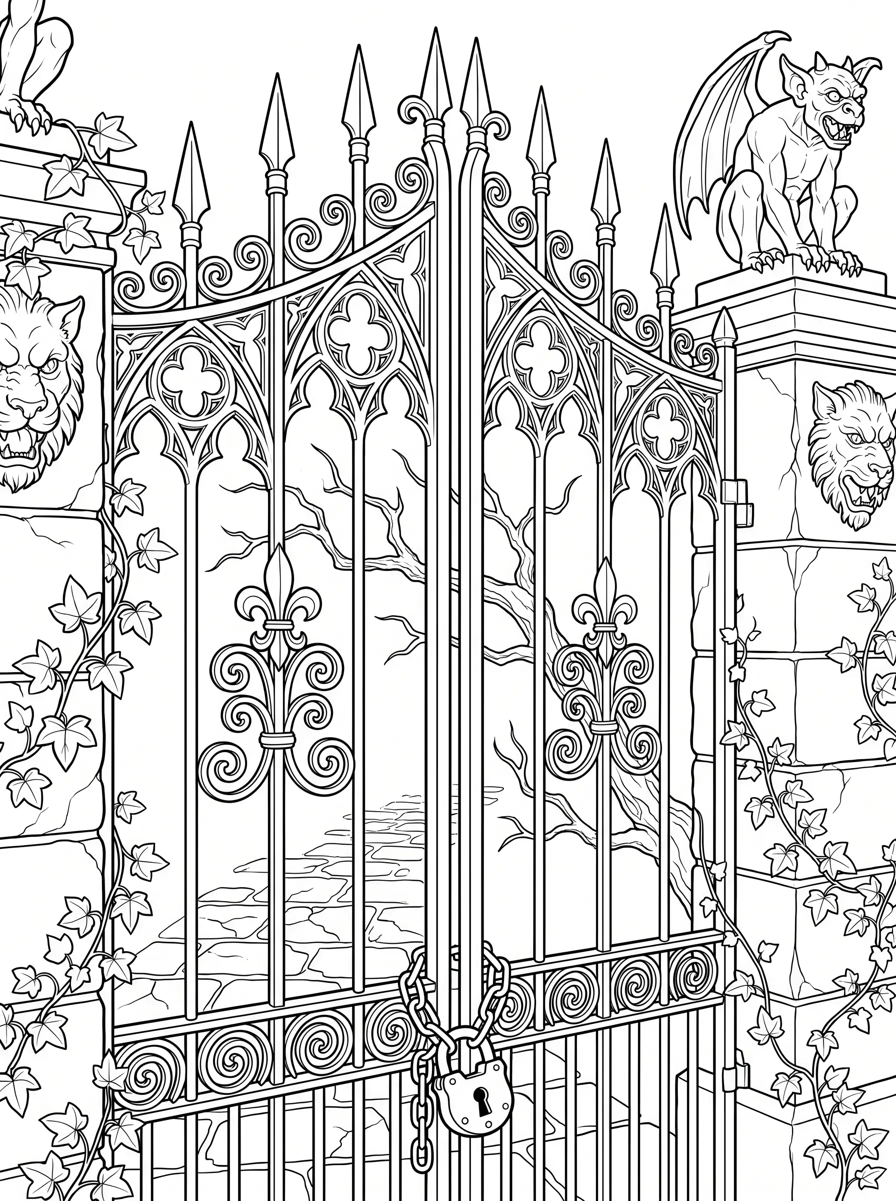 Portail en Fer Forgé Gothique Envahi, Coloriage Halloween à imprimer gratuitement