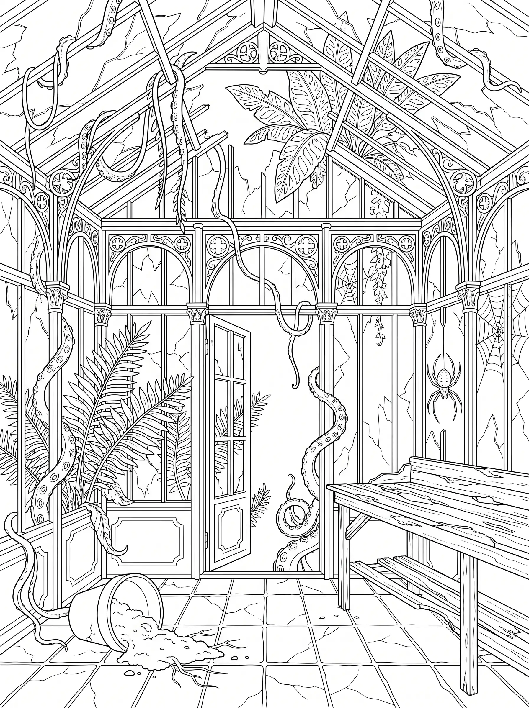 Serre Abandonnée, Jungle Gothique, Coloriage Halloween à imprimer gratuitement