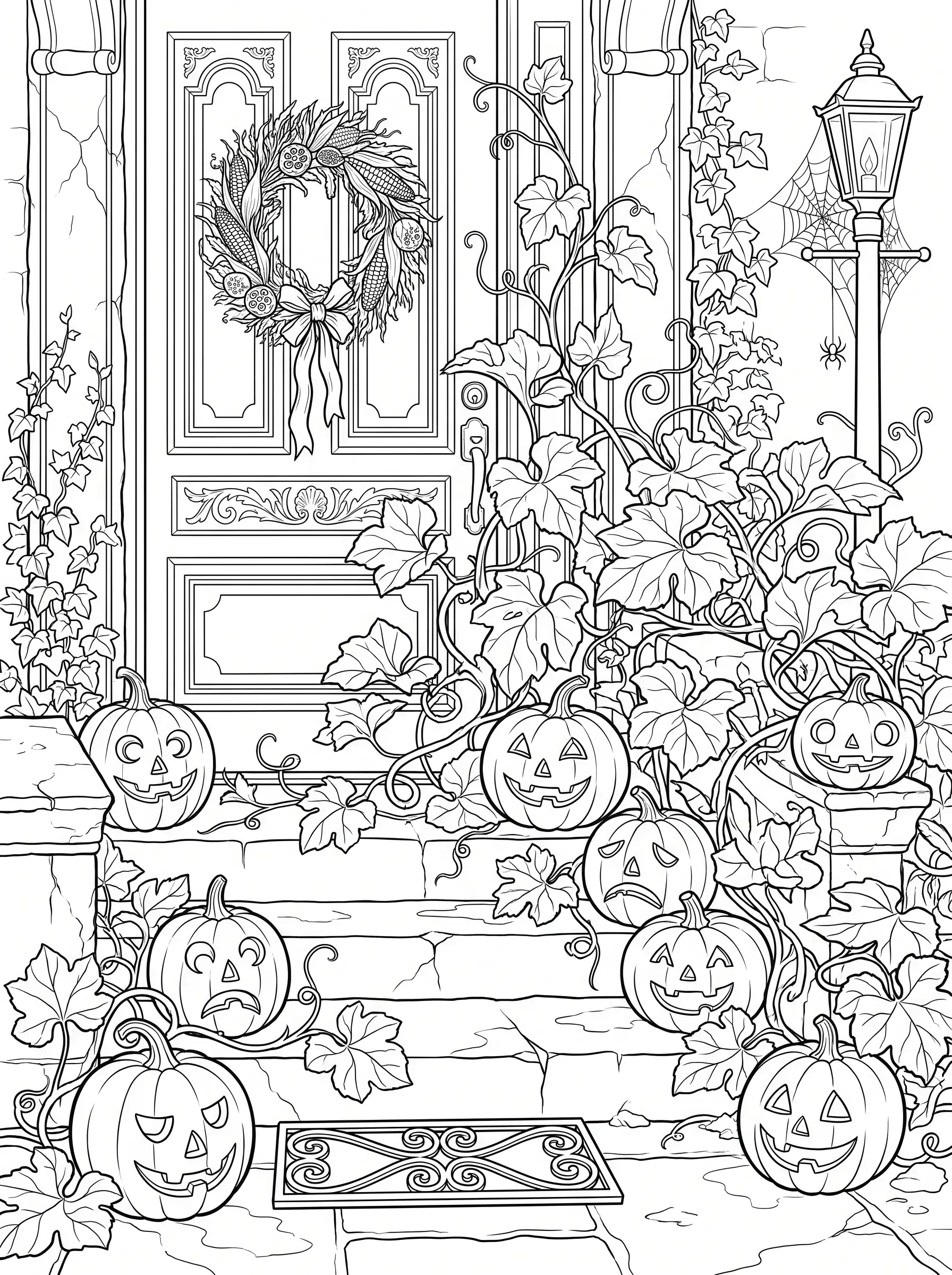 Seuil de Porte Victorien Envahi de Citrouilles, Coloriage Halloween à imprimer gratuitement