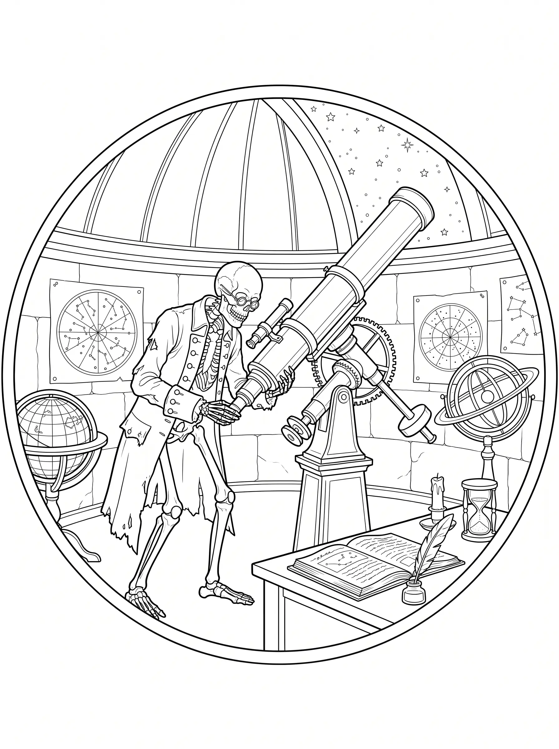 Squelette Astronome, Coloriage Halloween à imprimer gratuitement