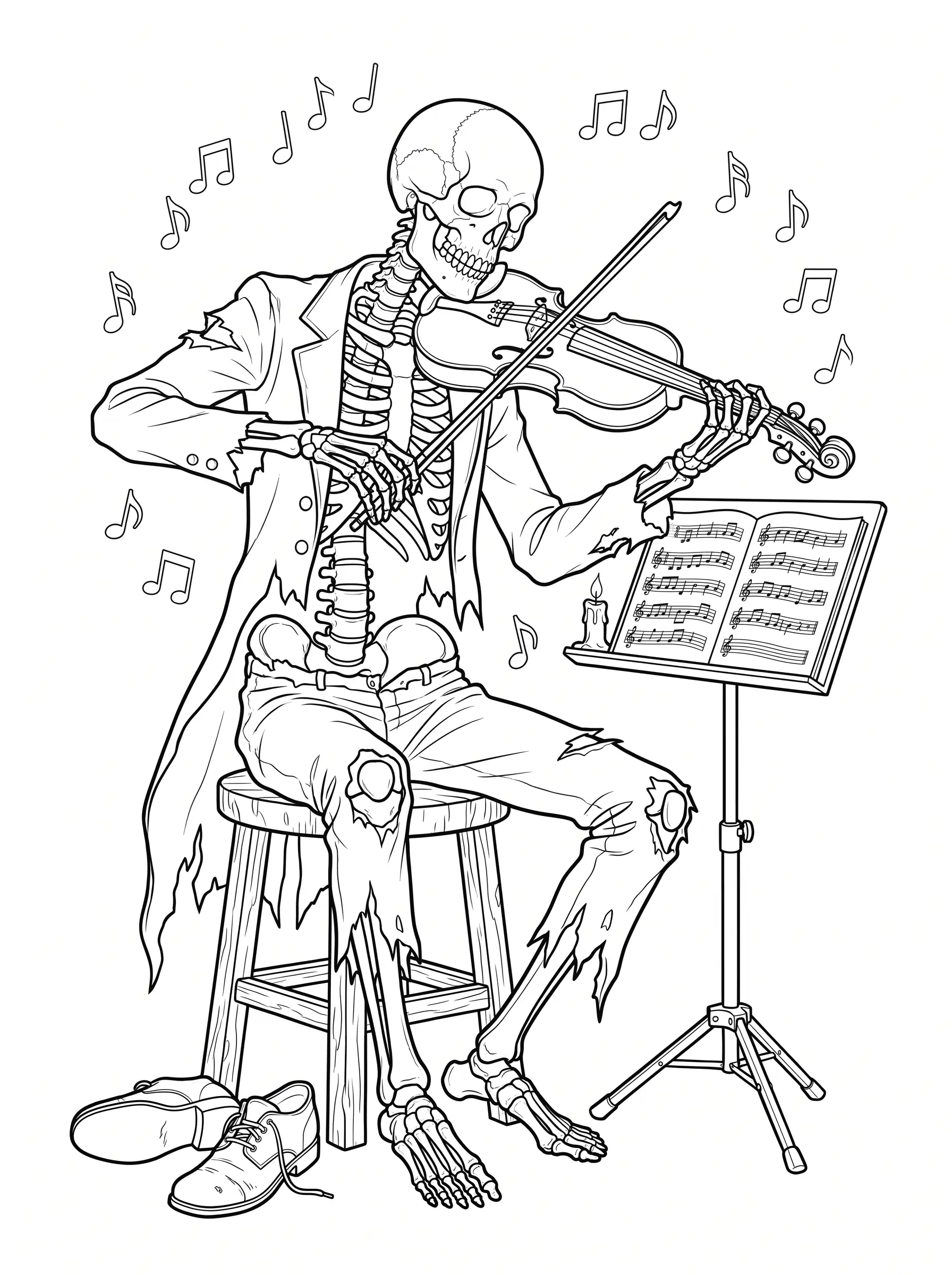 Squelette Musicien au Violon, Coloriage Halloween à imprimer gratuitement