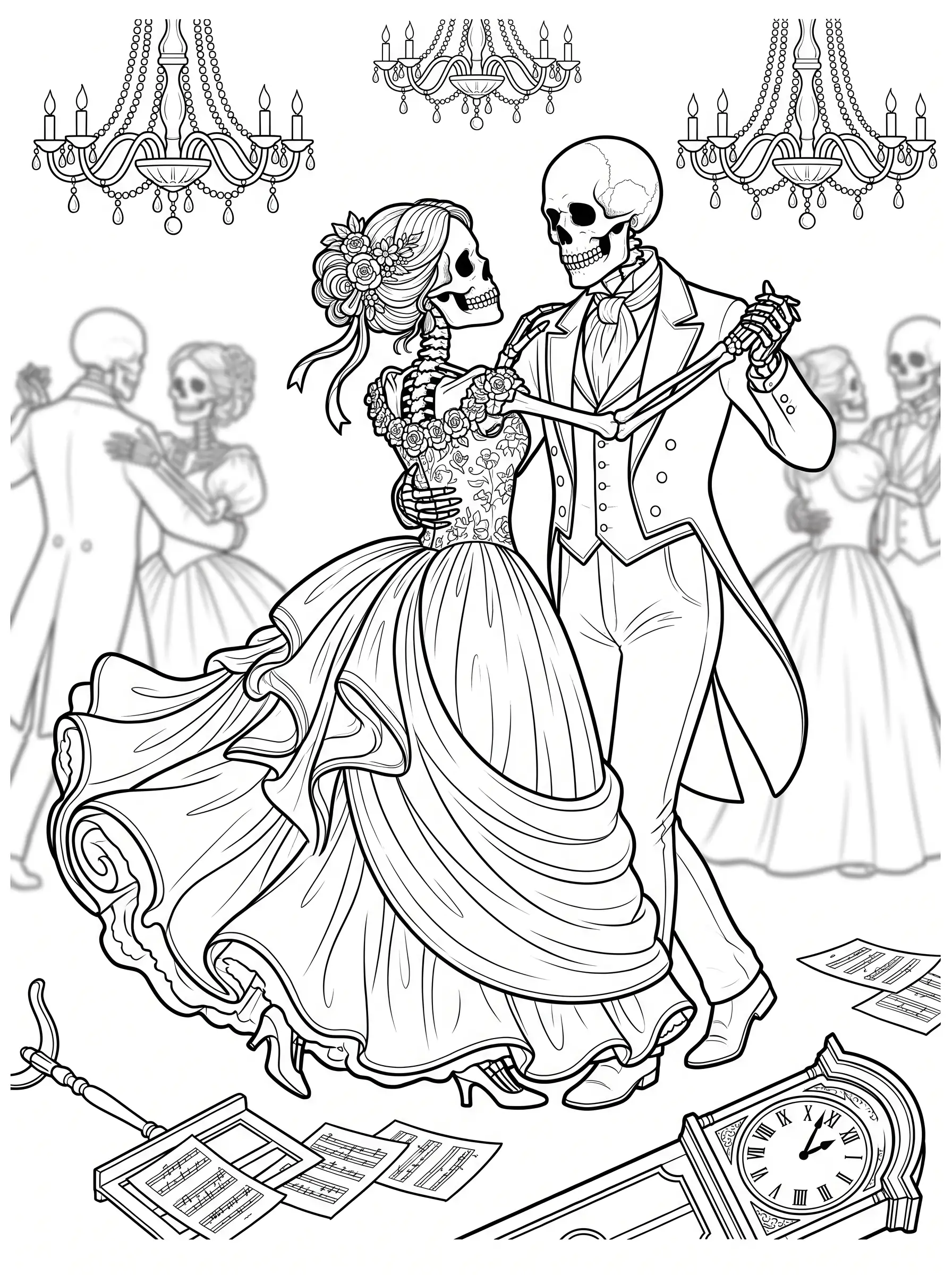 Squelettes Dansant, Coloriage Halloween à imprimer gratuitement