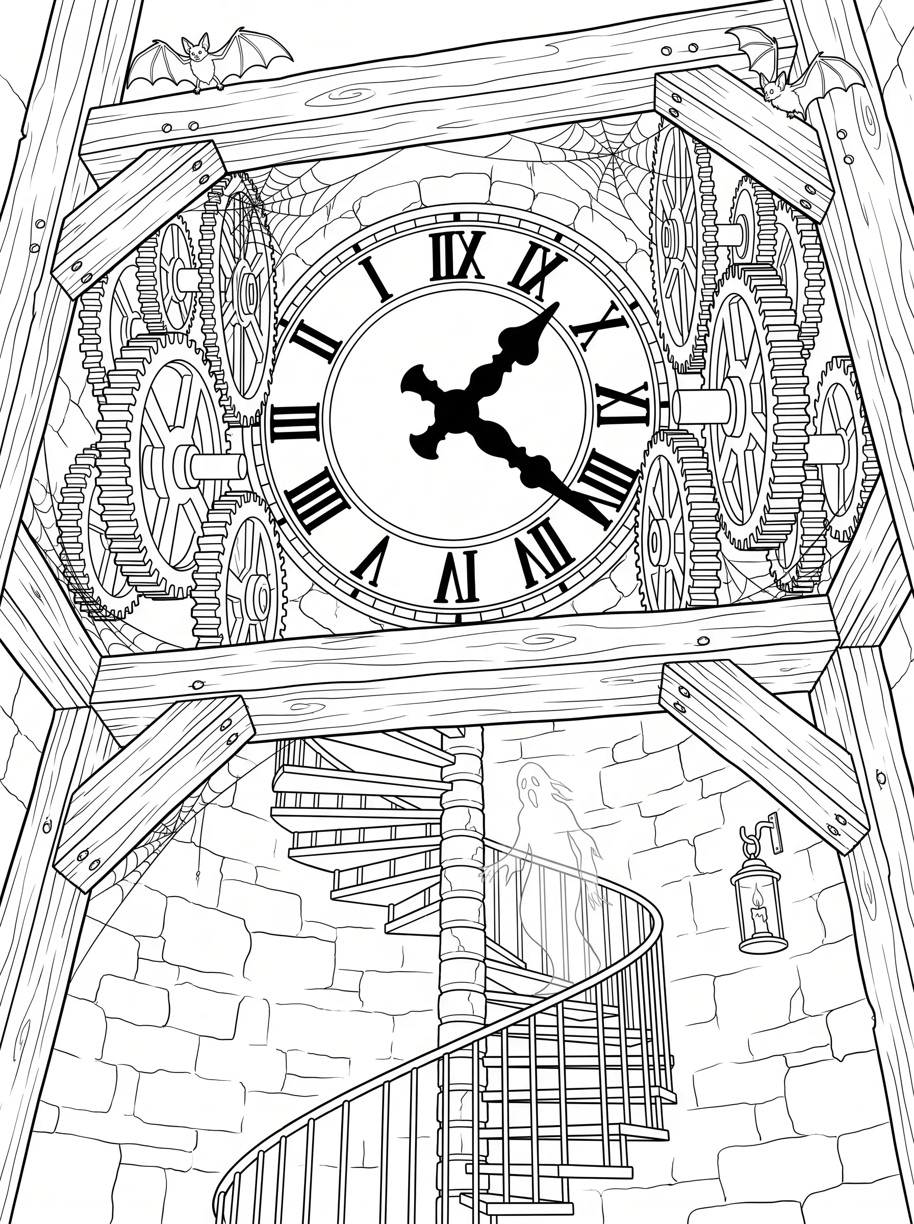 Tour de l'Horloge vue de l'Intérieur, Coloriage Halloween à imprimer gratuitement