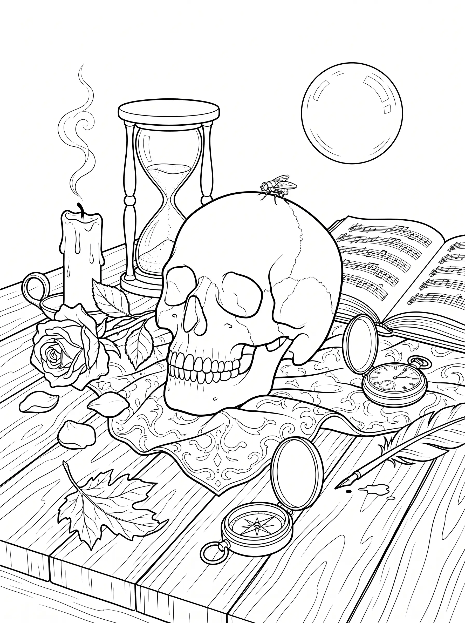 Vanité au Crâne et au Sablier, Coloriage Halloween à imprimer gratuitement