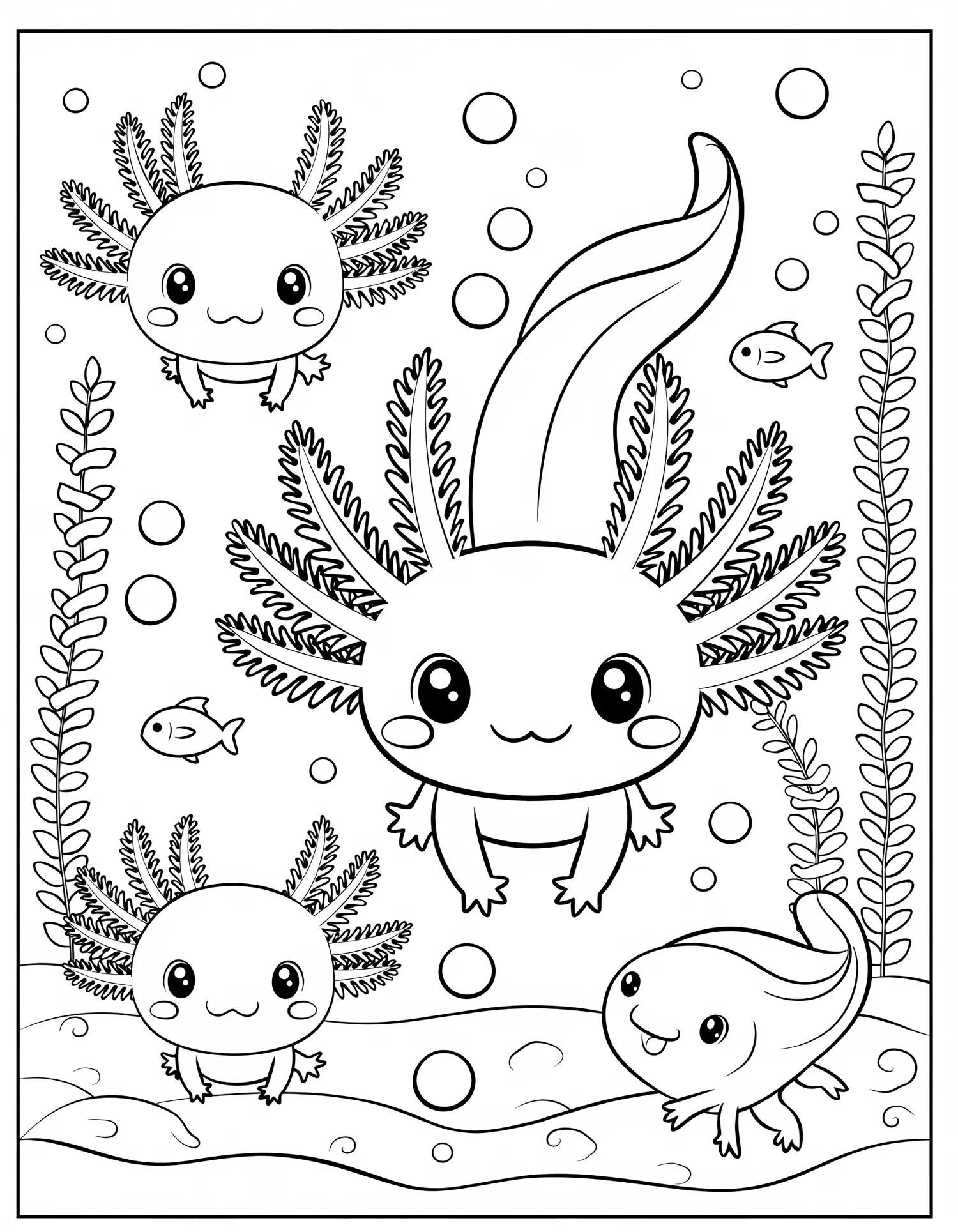Axolotls Kawaii Aquatiques - Coloriage kawaii à imprimer gratuitement
