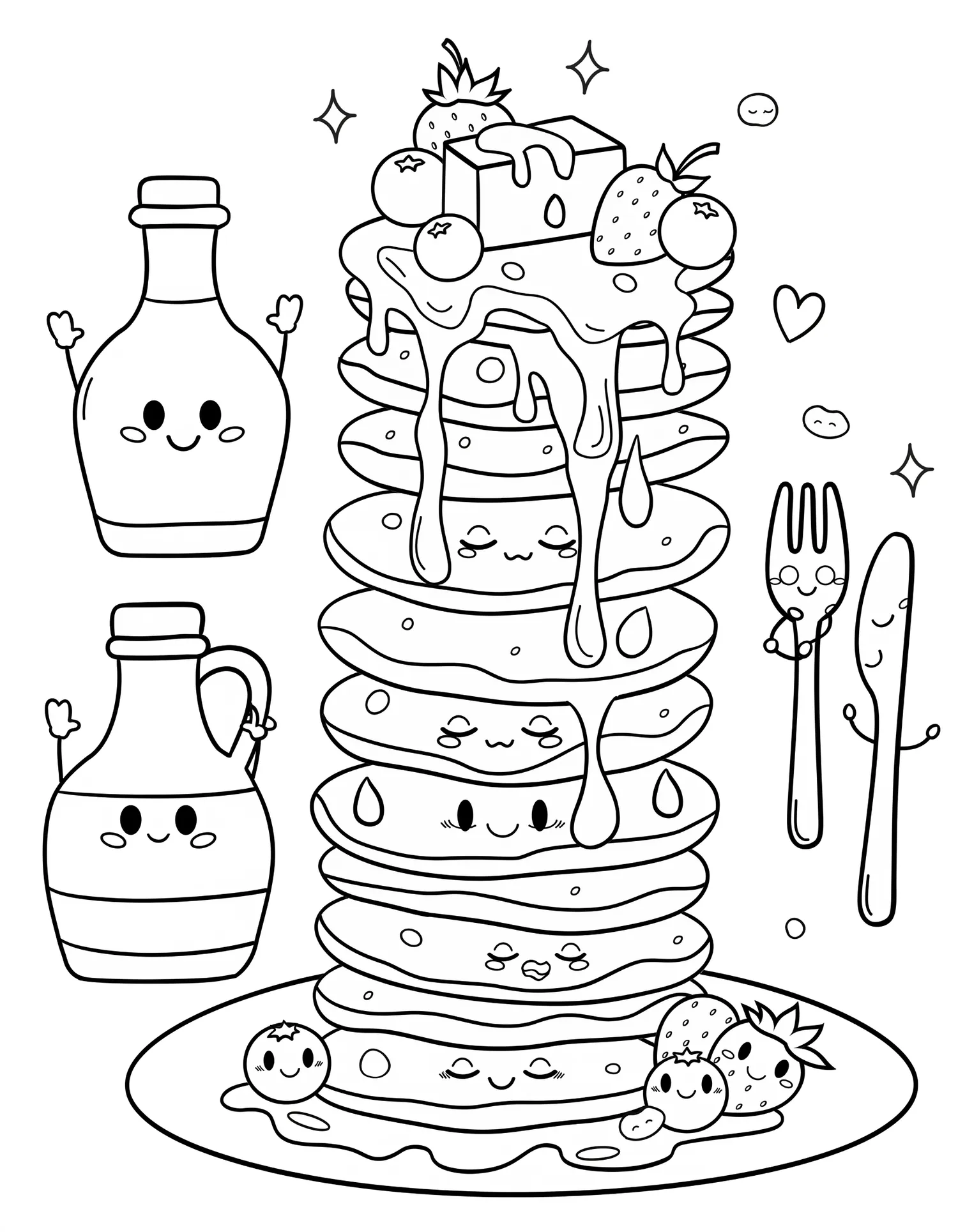 Crêpes et Pancakes Tour Kawaii - Coloriage kawaii à imprimer gratuitement