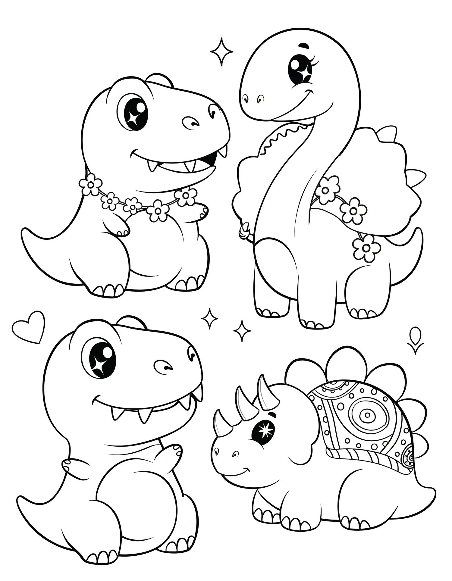 Dinosaures Chibi Kawaii - Coloriage kawaii à imprimer gratuitement