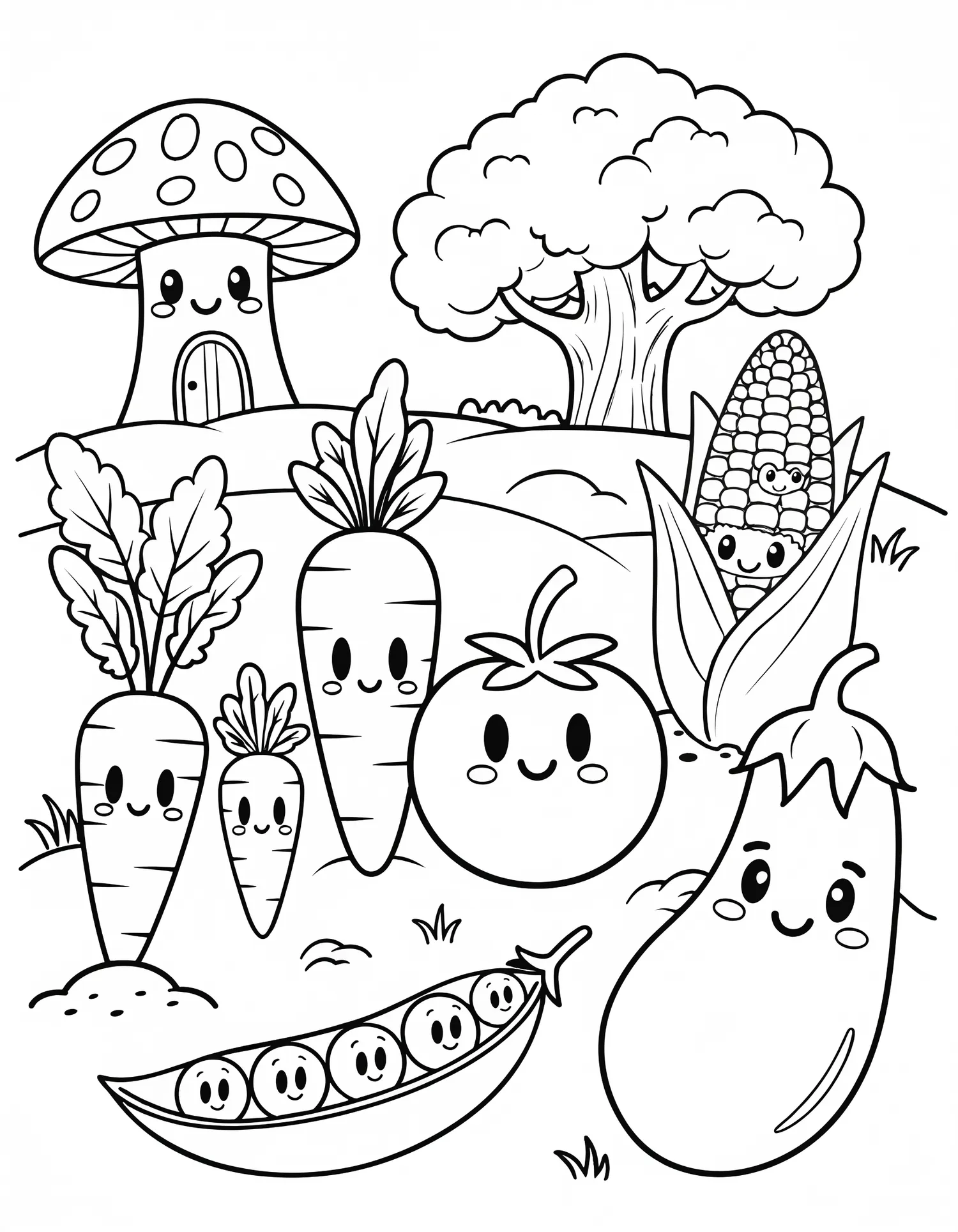 Légumes Kawaii du Potager - Coloriage kawaii à imprimer gratuitement